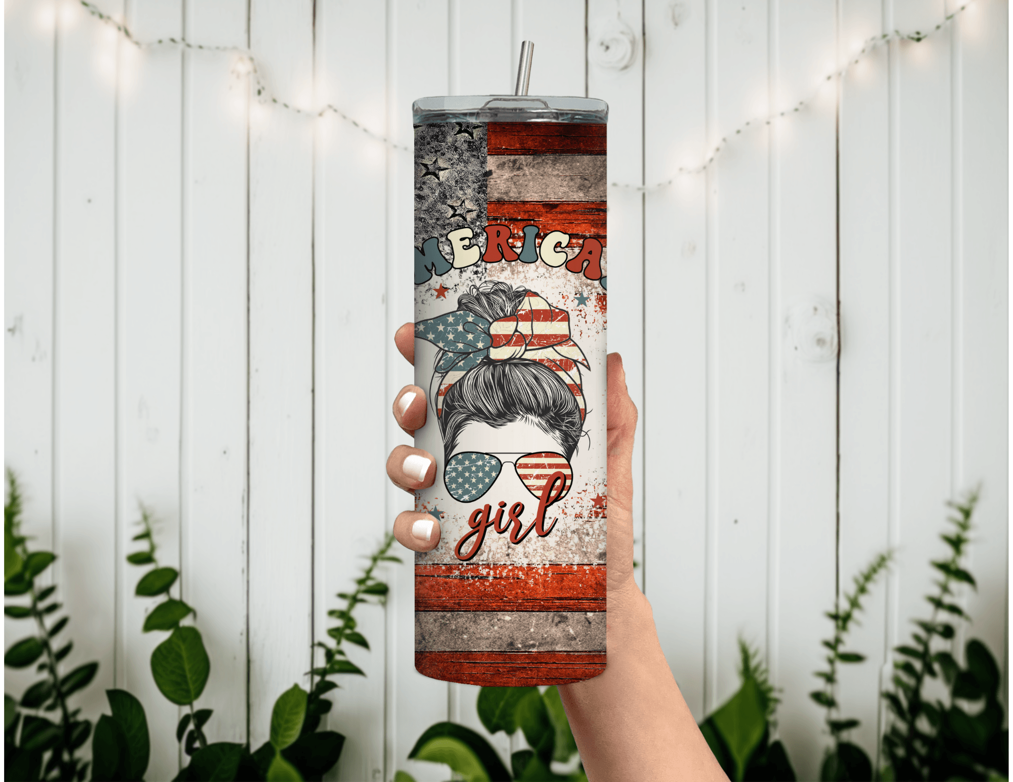 American Girl with Flag 20 oz Skinny Sublimation Tumbler