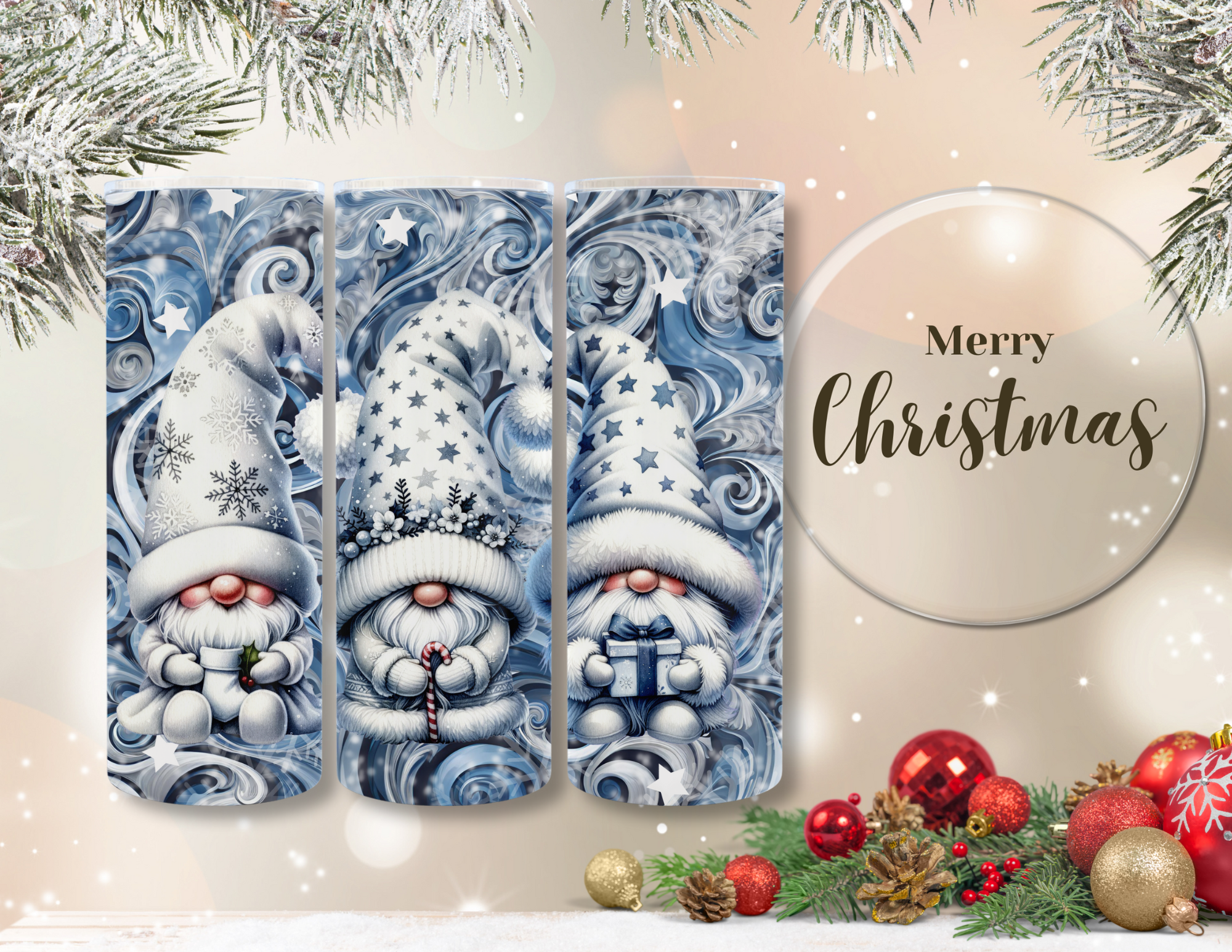 Christmas Snow Gnomes Blue 20 oz Skinny Sublimation Tumbler
