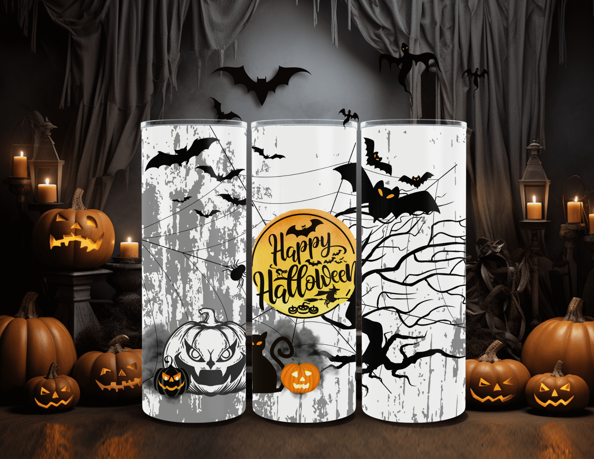 Halloween Black and White Happy Halloween 20 oz Skinny Sublimation Tumbler