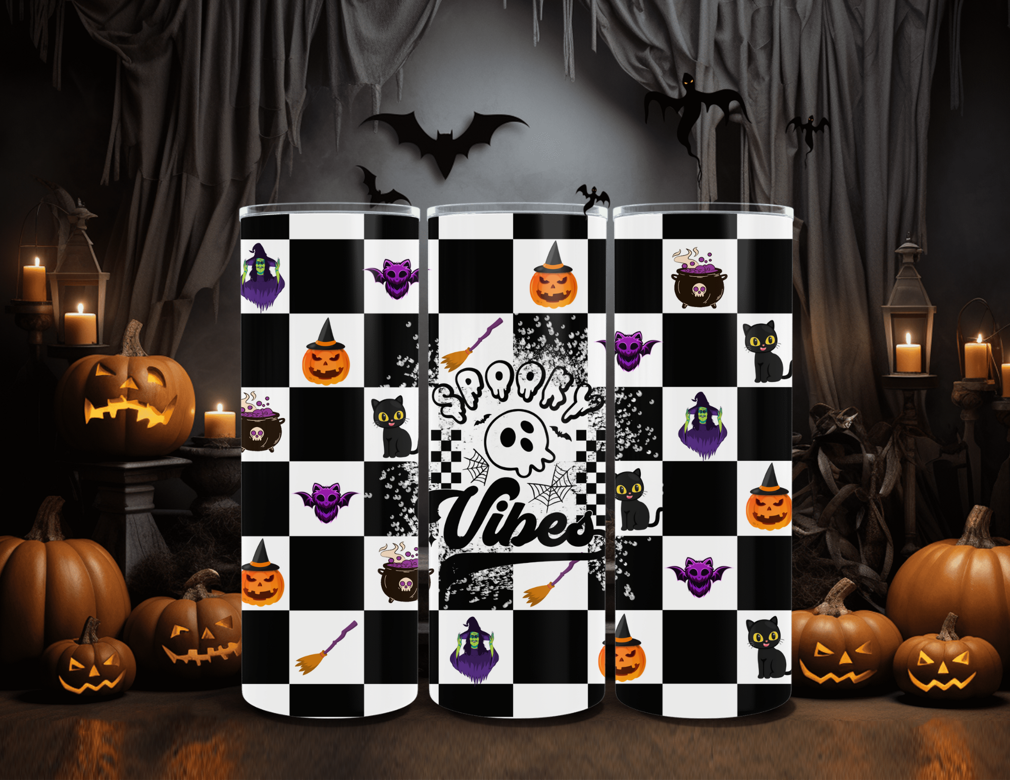 Halloween Checkered Spooky Vibes 20 oz Skinny Sublimation Tumbler