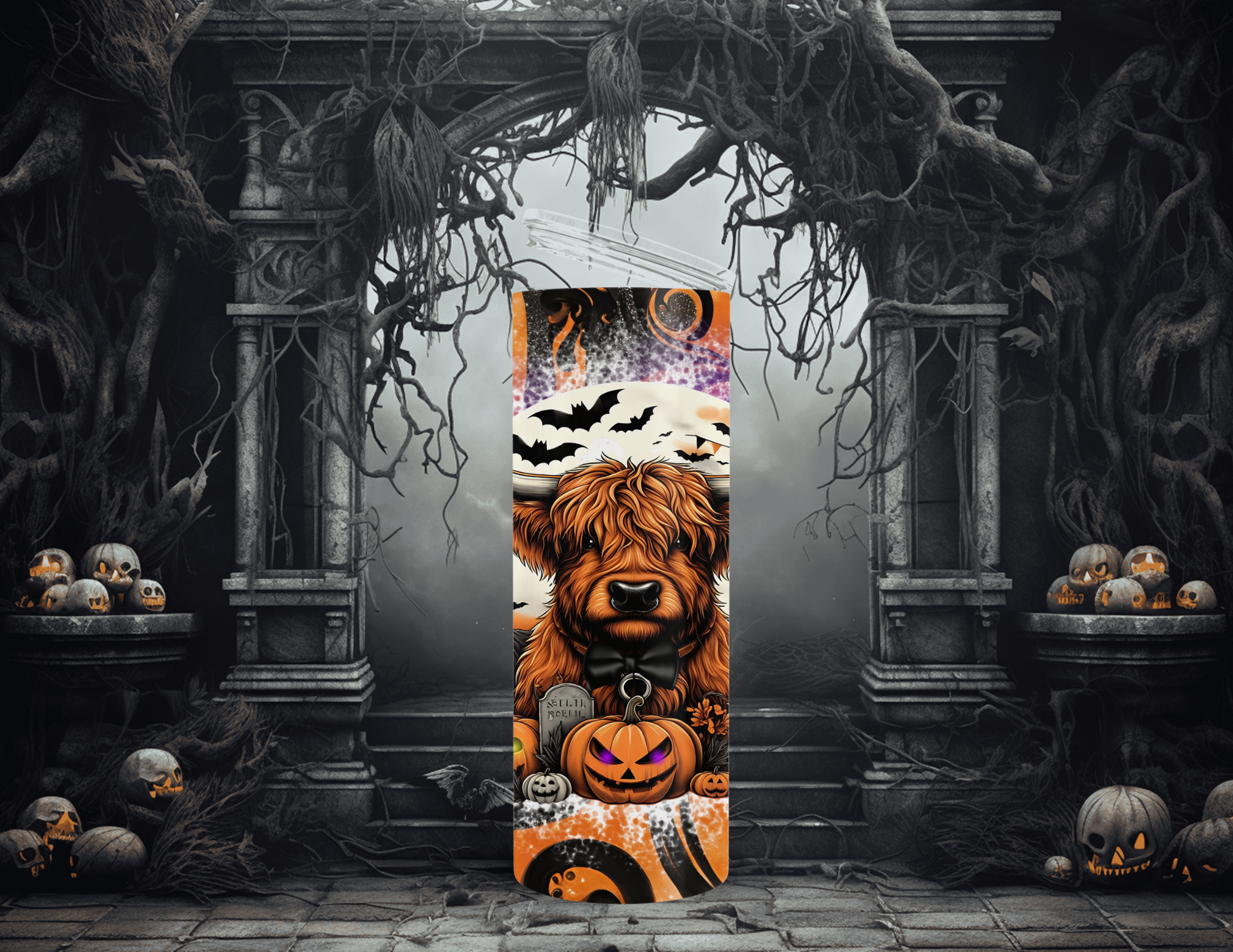 Halloween Highland Cow with Skulls Tumbler