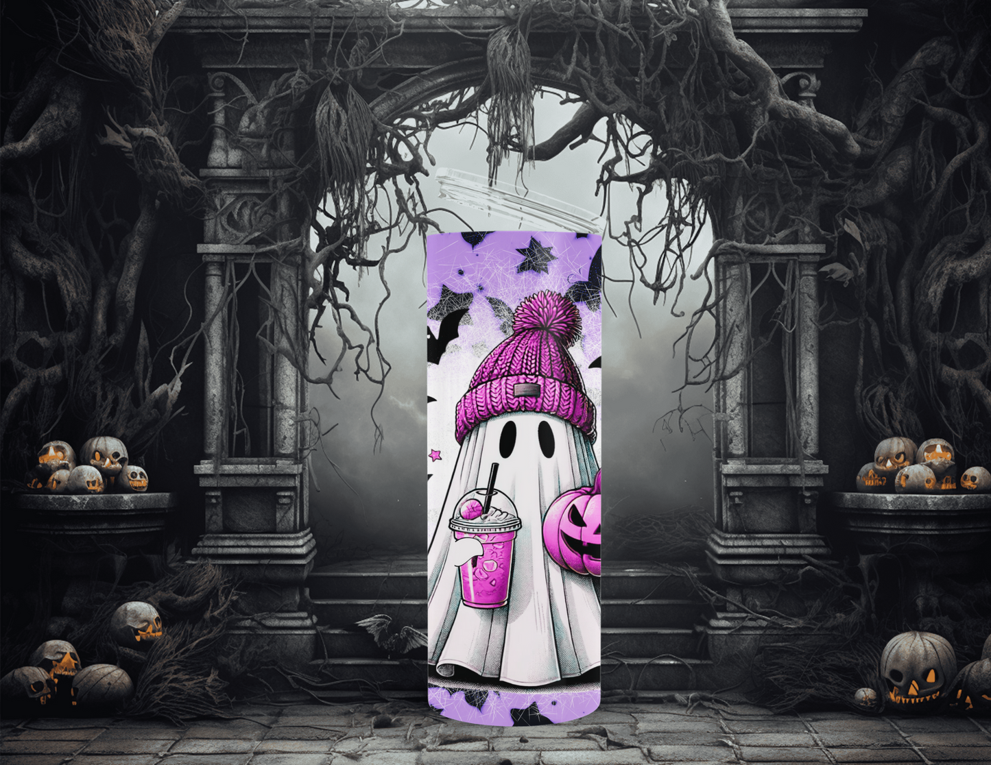 Halloween Ghost with Bats 20 oz Skinny Tumbler