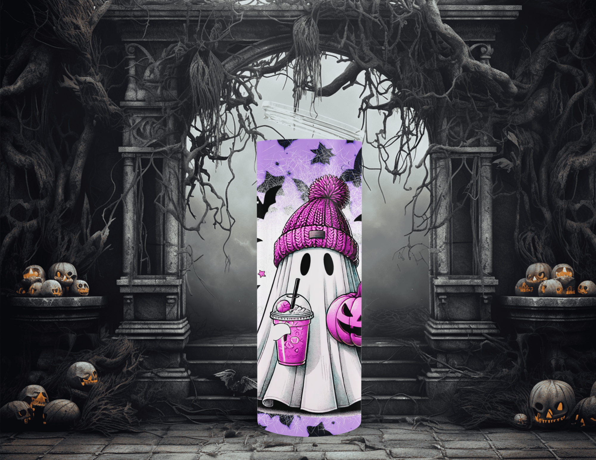 Halloween Ghost with Bats Tumbler