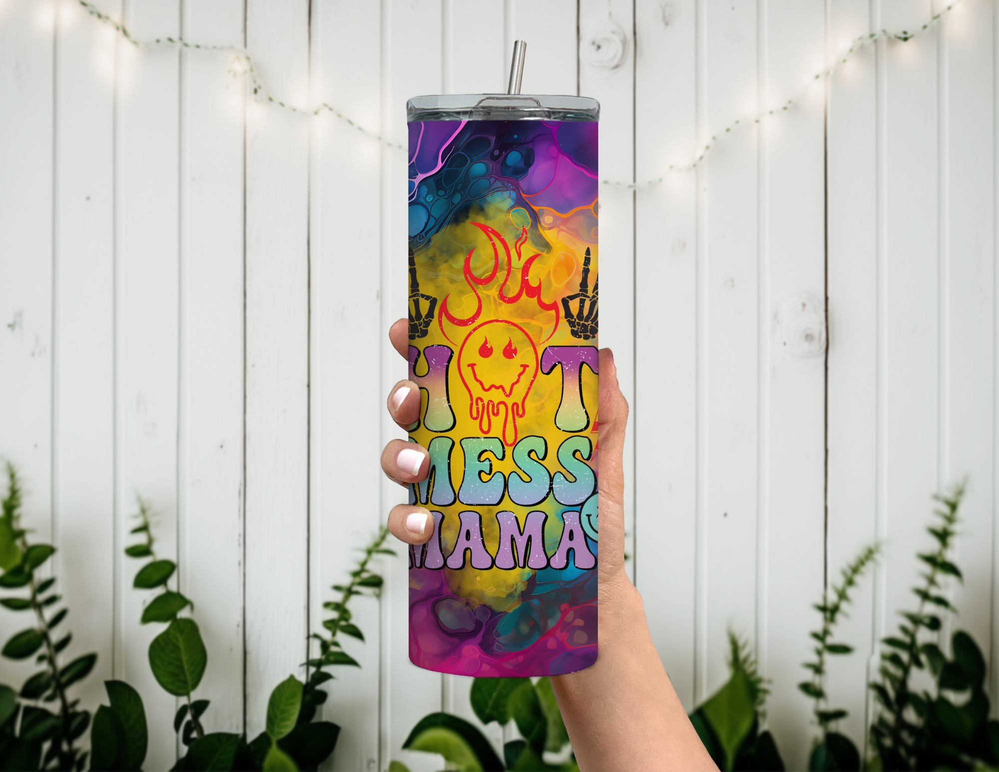 Hot Mess Mama Bright Colors 20 oz Skinny Sublimation Tumbler