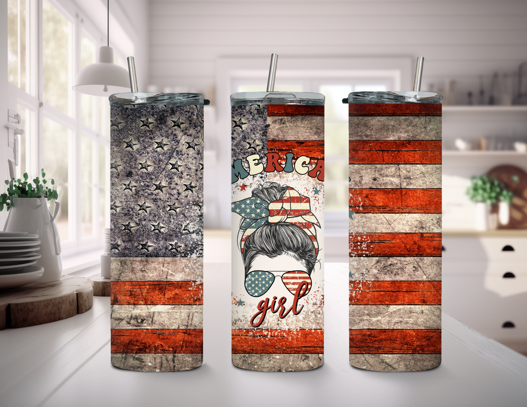 Vaso delgado de 20 oz con diseño de chica estadounidense con bandera