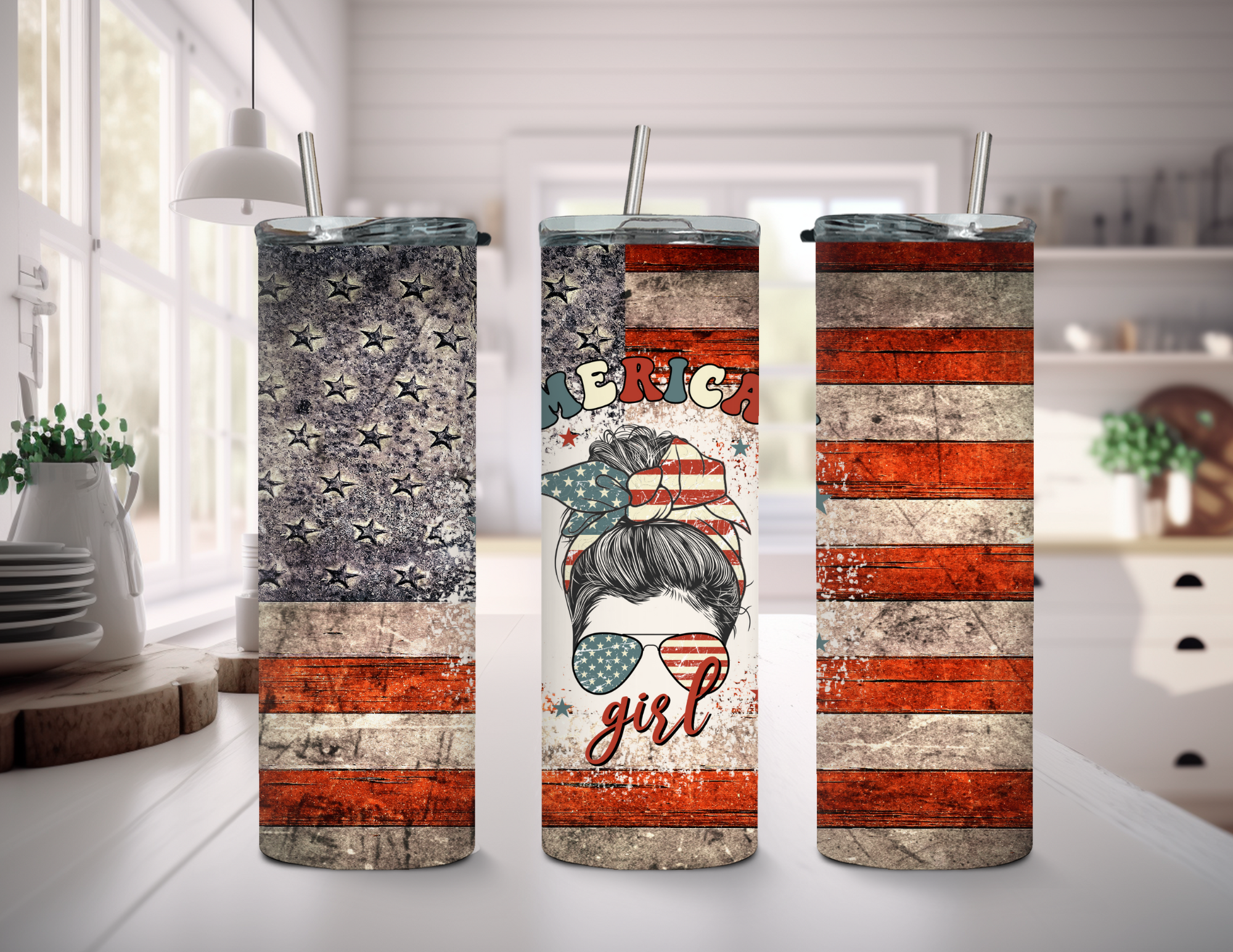 American Girl with Flag 20 oz Skinny Sublimation Tumbler