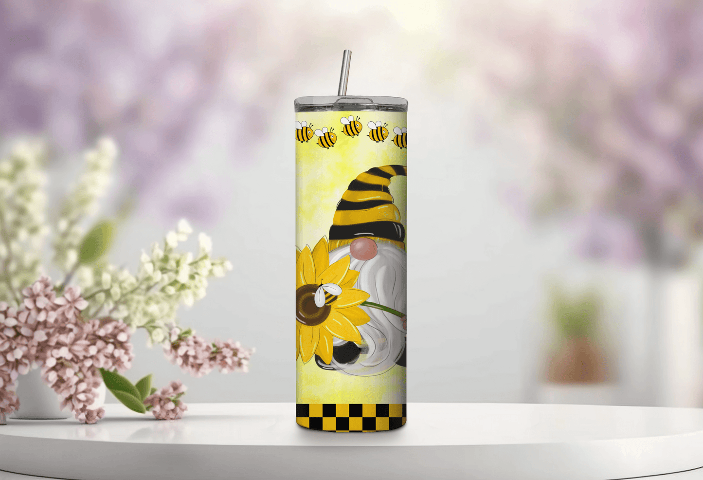 Vaso delgado de 20 oz con diseño de gnomo de abeja