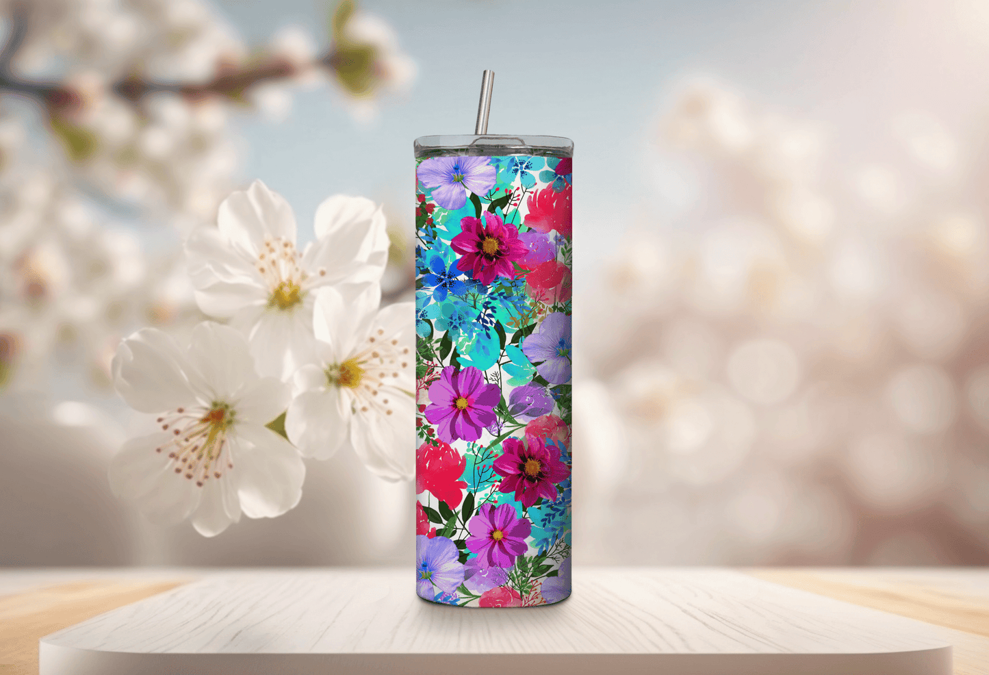 Vaso delgado de 20 oz con diseño de flores primaverales brillantes