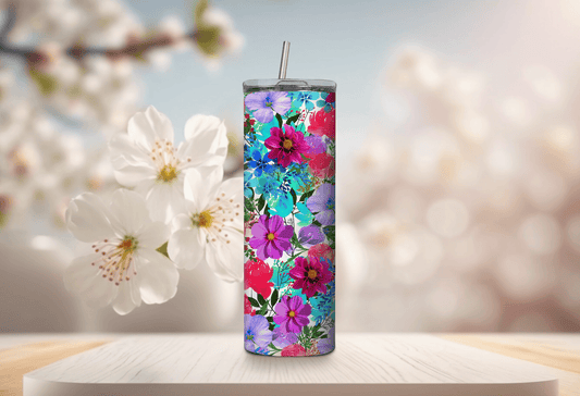 Vaso delgado de 20 oz con diseño de flores primaverales brillantes