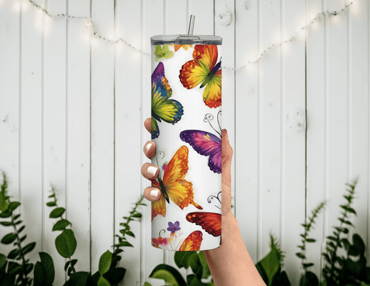 Vaso delgado de 20 oz con mariposas y colores del arco iris