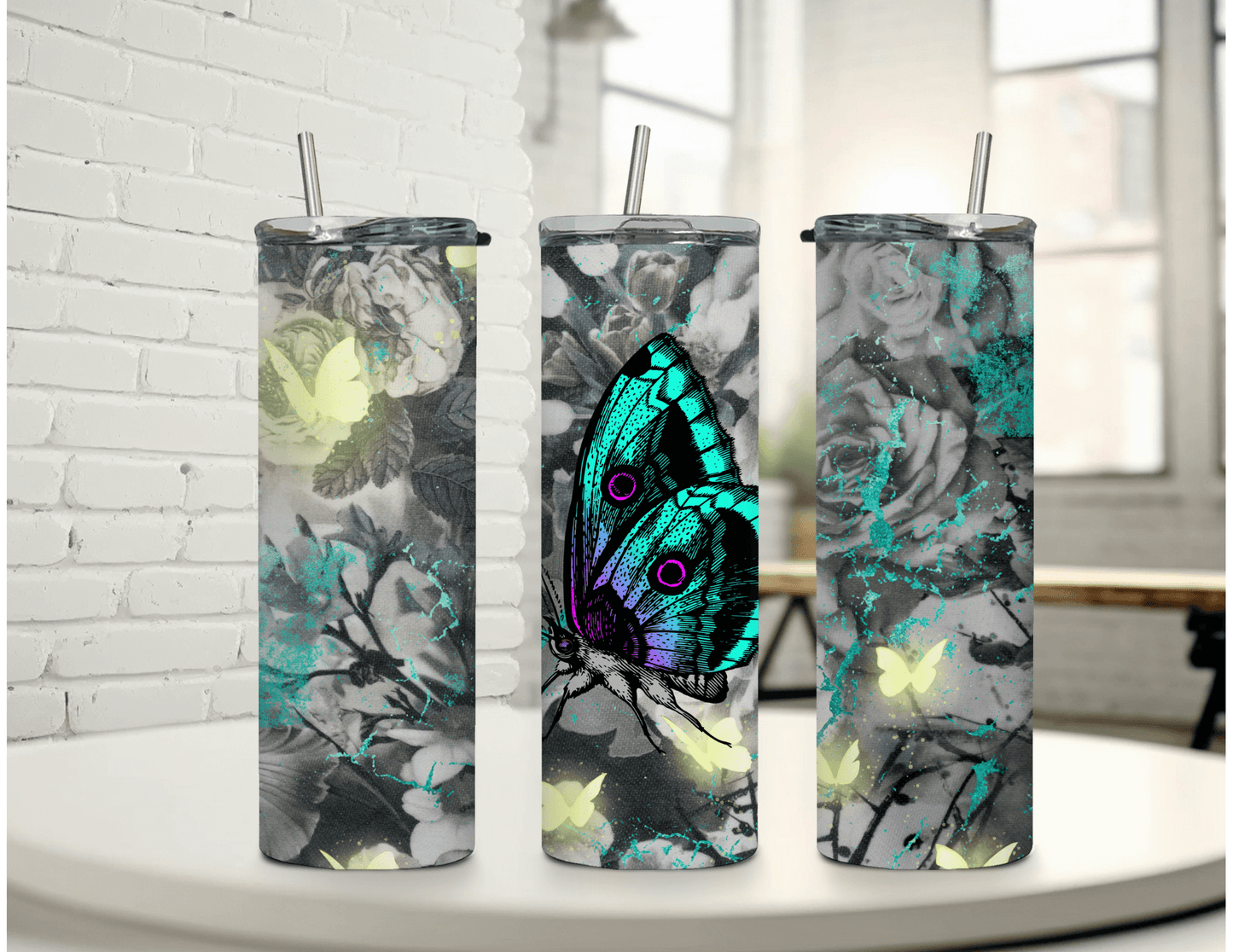 Butterfly Black and Teal 20 oz Skinny Tumbler