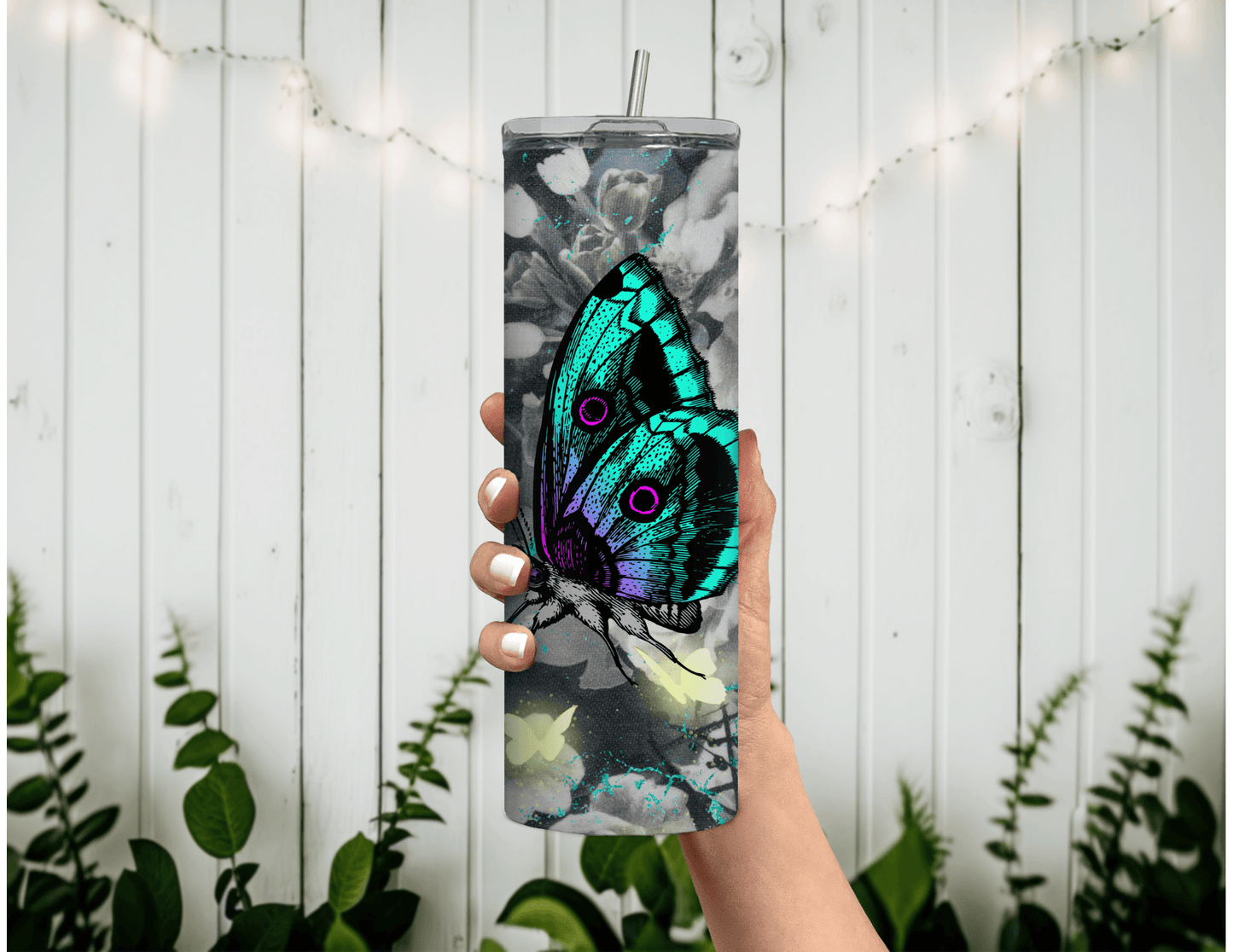 Butterfly Black and Teal 20 oz Skinny Tumbler