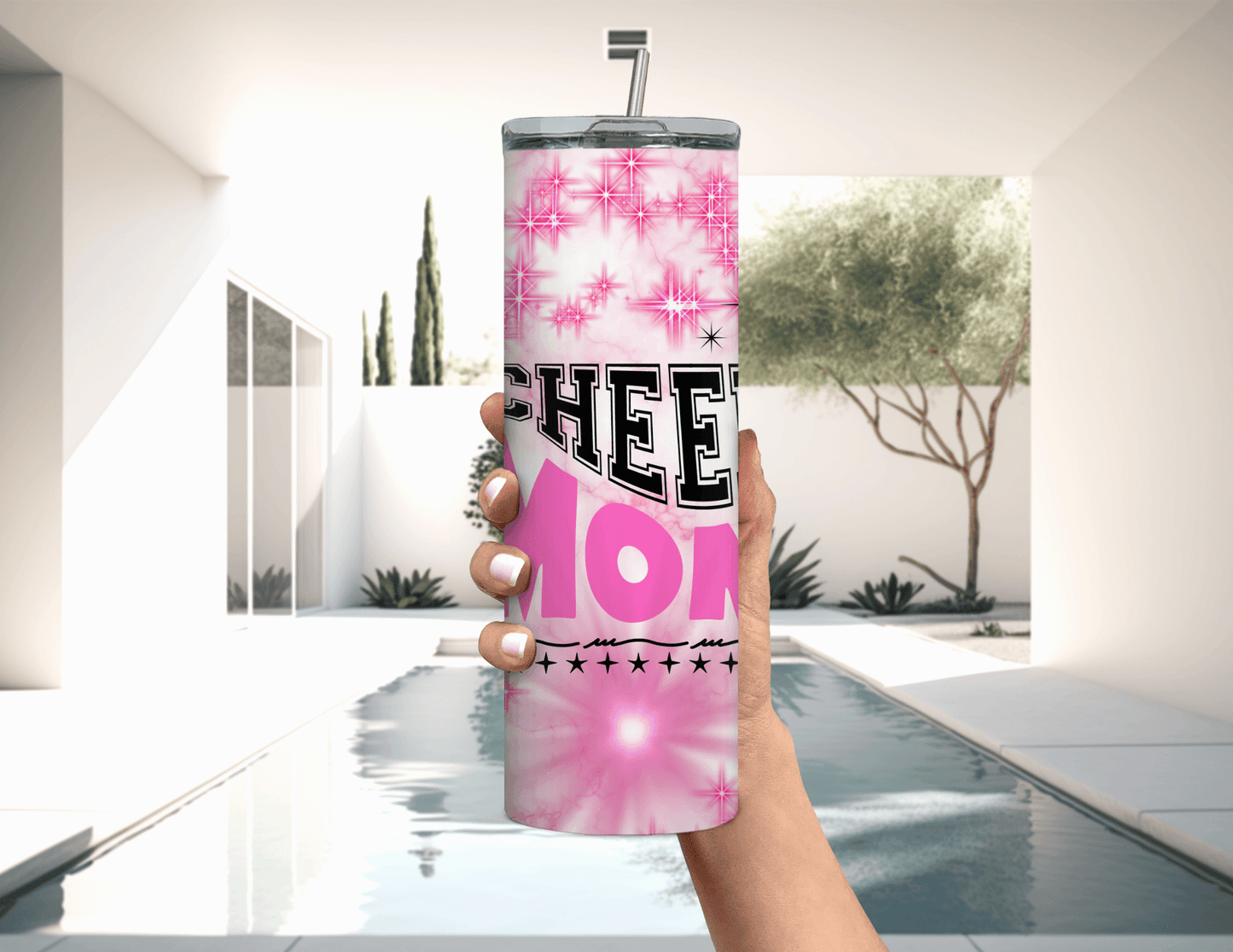 Vaso delgado de 20 oz con la frase Cheer Mom en color rosa