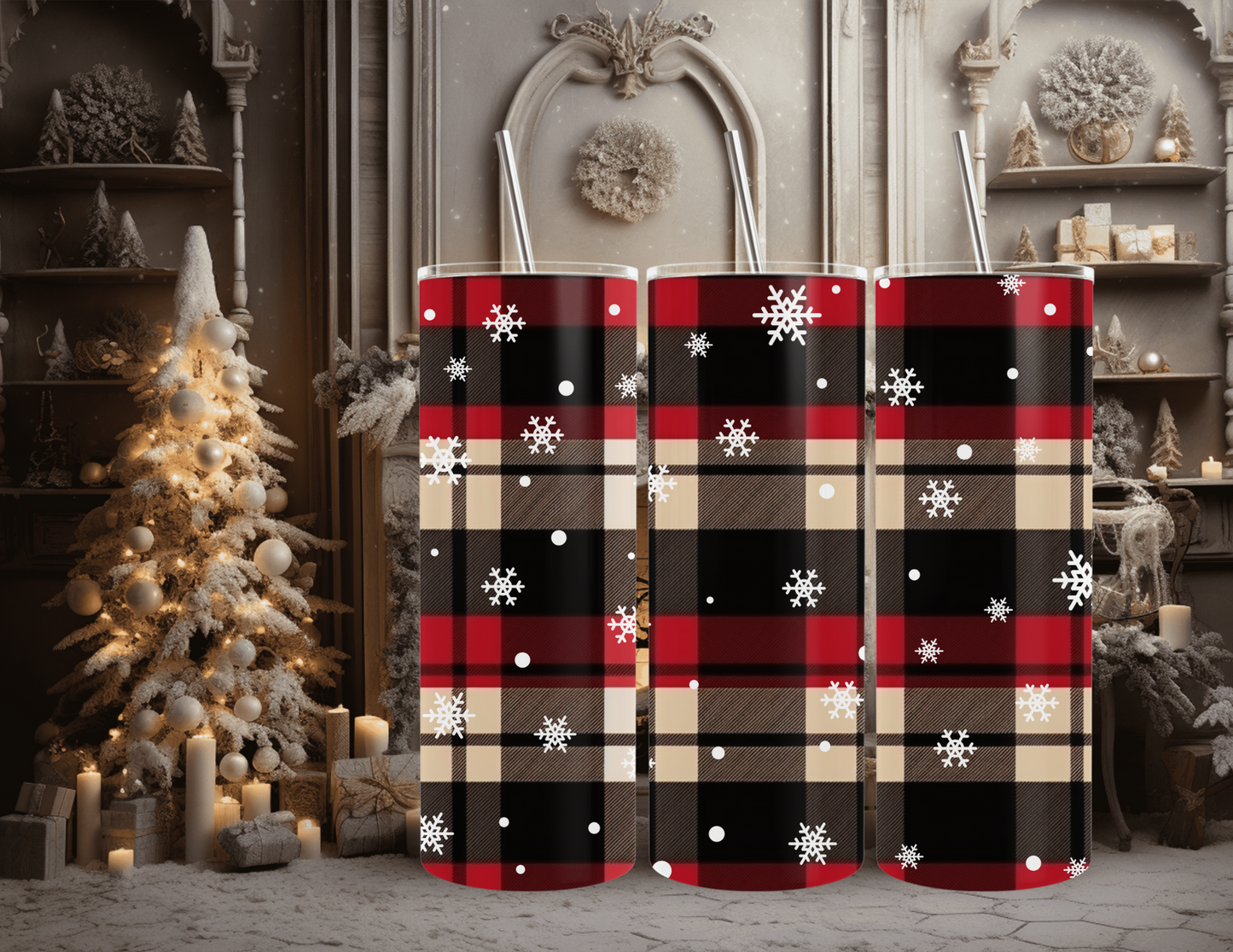 Christmas Buffalo Plaid Tan 20 oz Skinny Tumbler