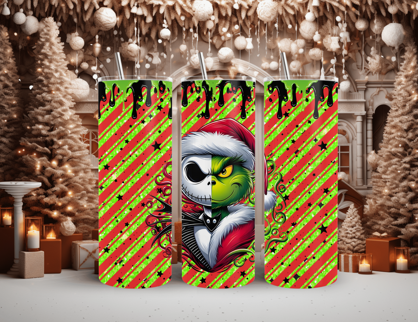 Christmas Cartoon Grinch / Jack Friends Red Stripe 20 oz Skinny Tumbler