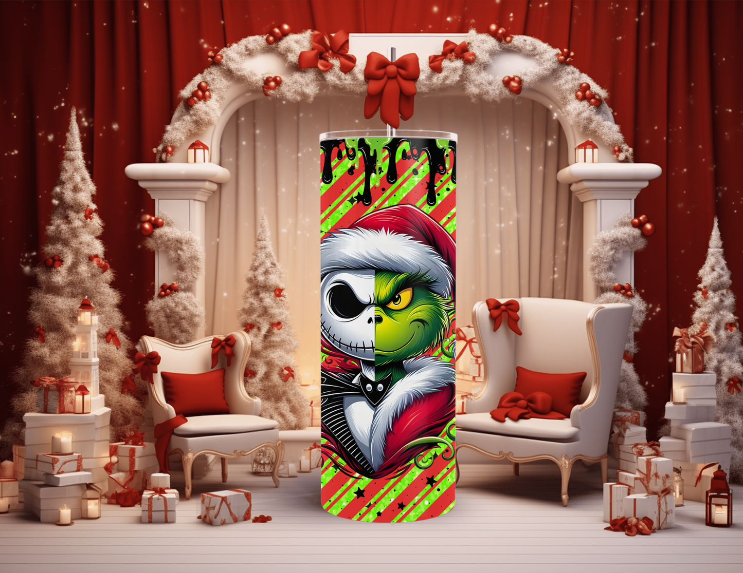 Christmas Cartoon Grinch / Jack Friends Red Stripe 20 oz Skinny Tumbler