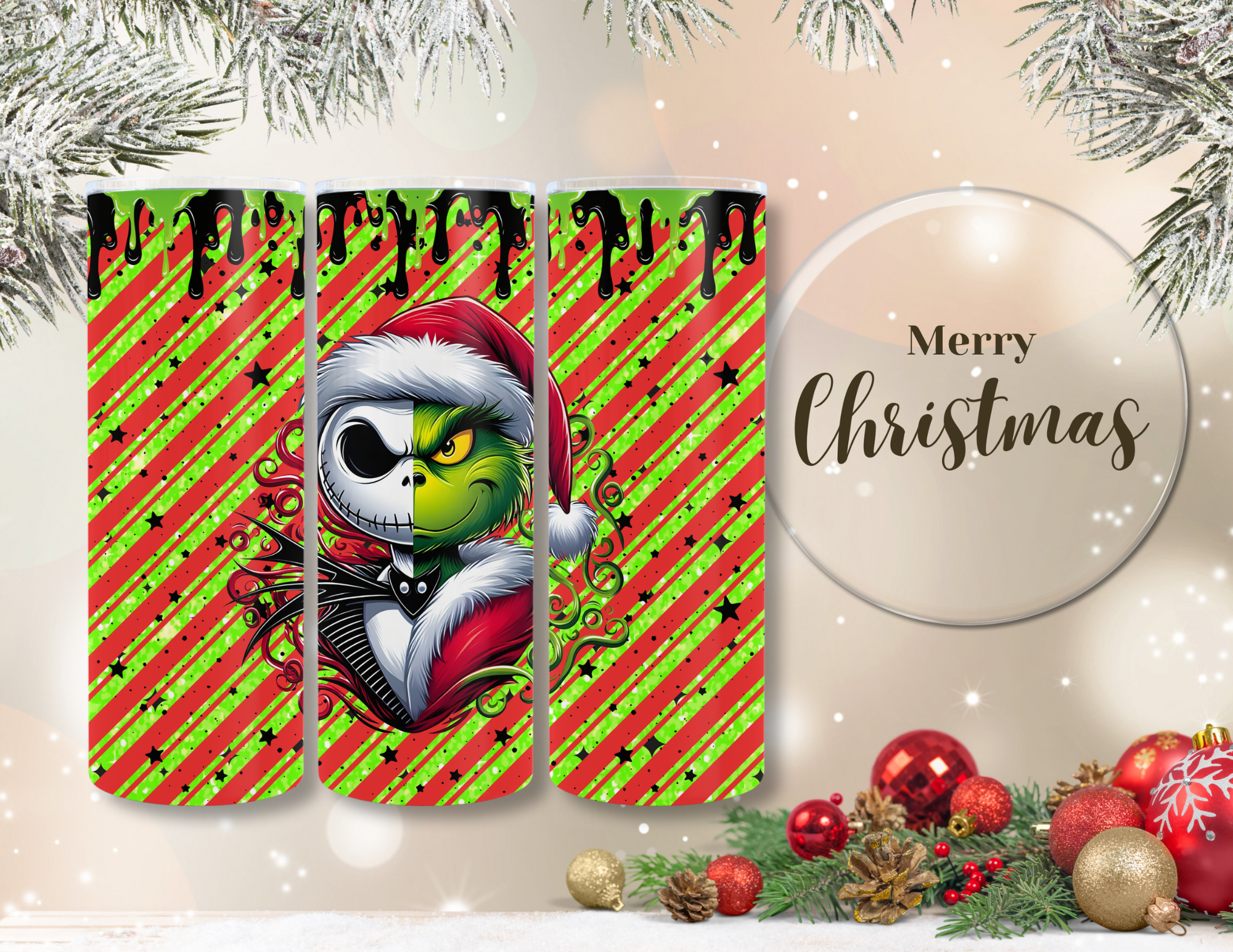 Christmas Cartoon Grinch / Jack Friends Red Stripe 20 oz Skinny Sublimation Tumbler