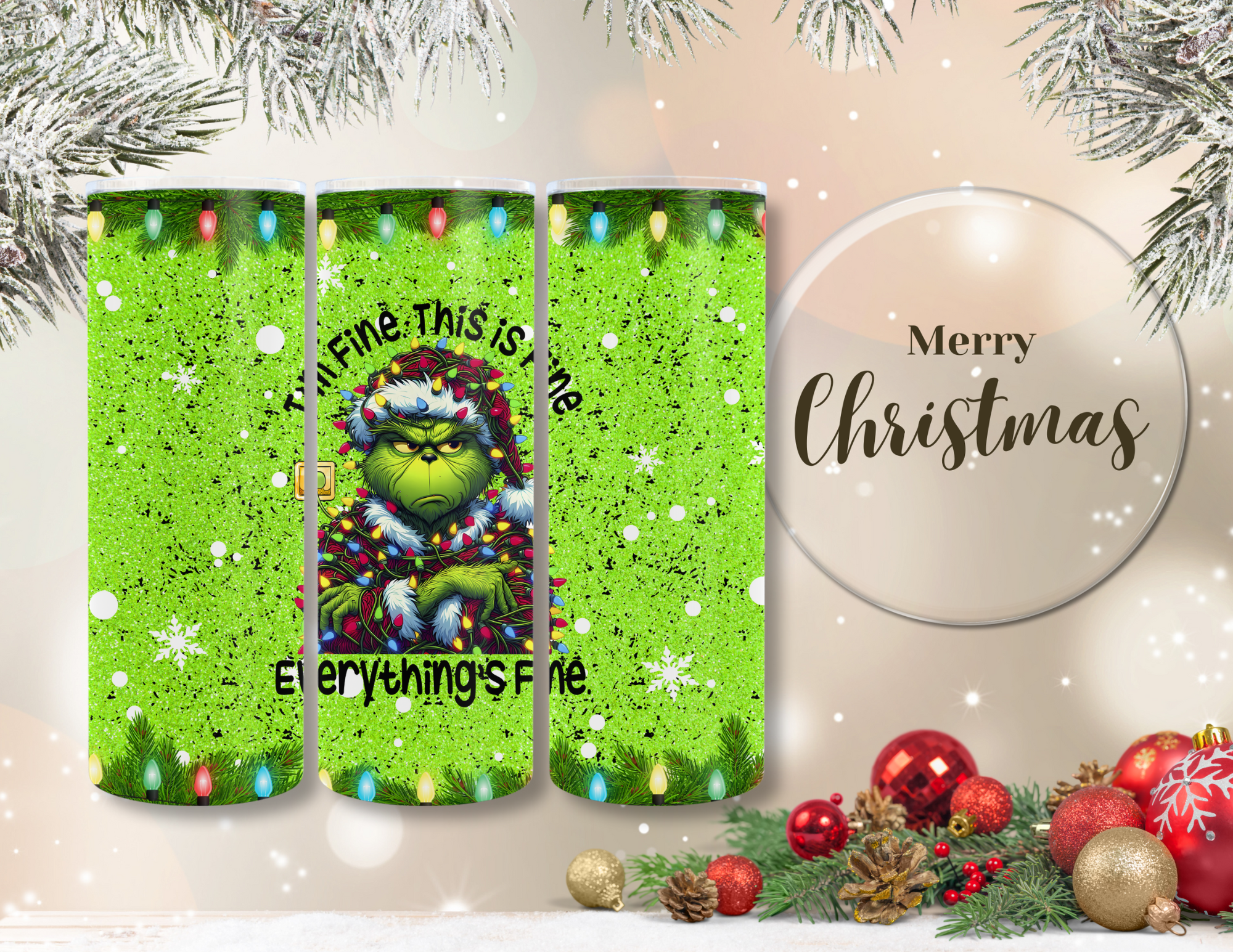 Christmas Cartoon Grinch I'm Fine Tumbler