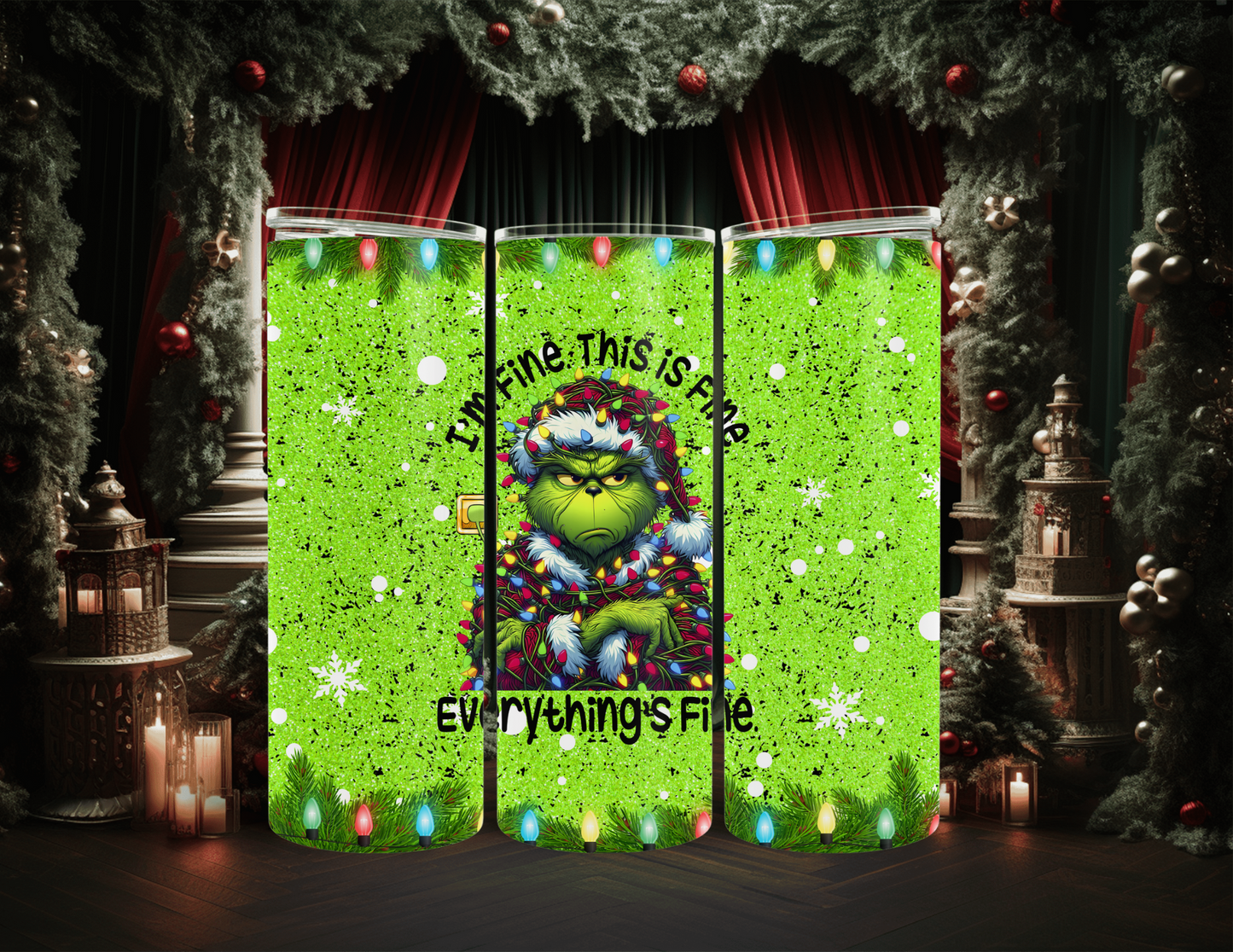 Christmas Cartoon with Tree and Lights 20 oz Skinny Tumbler