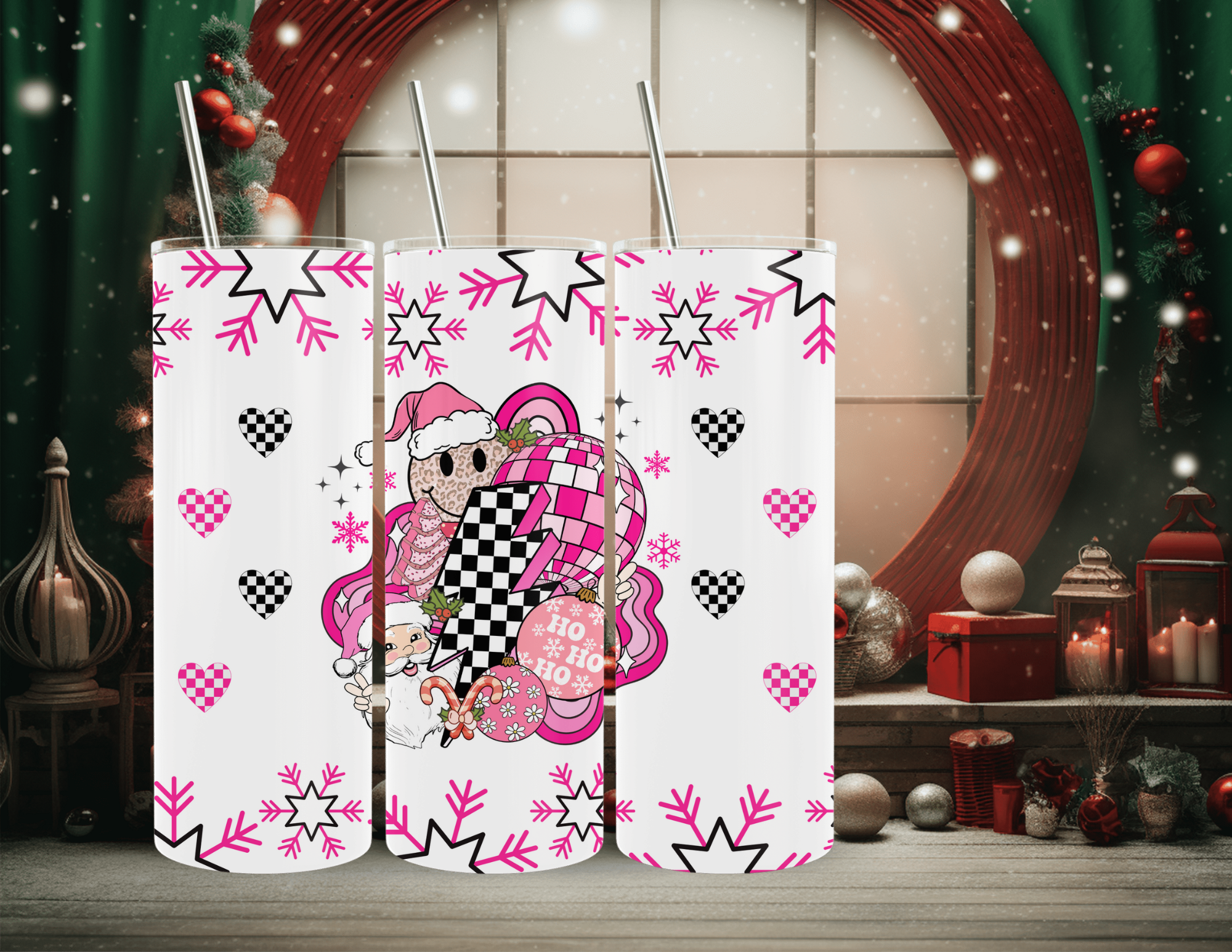 Vaso estrecho de 20 oz con diseño navideño de Papá Noel a cuadros