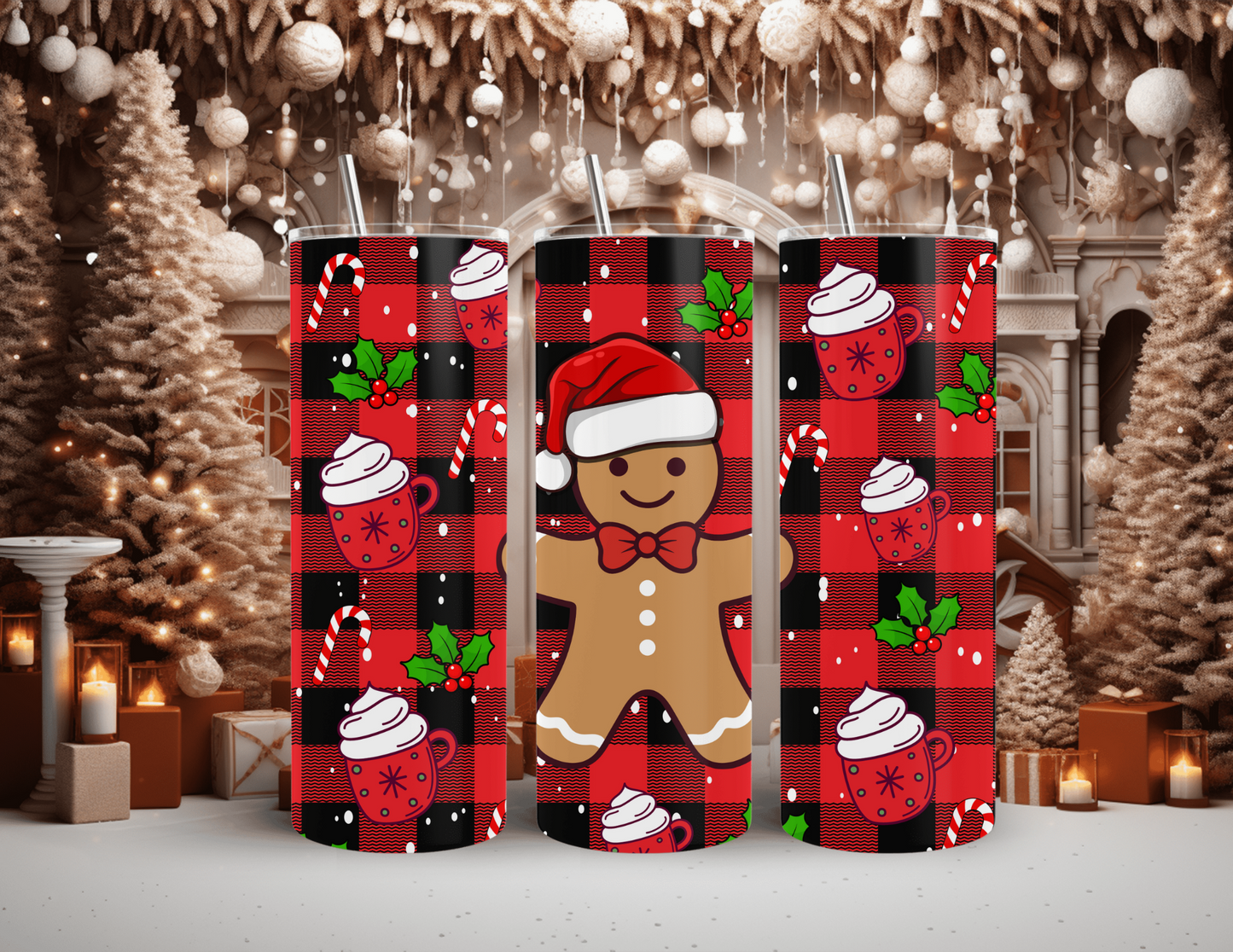 Christmas Gingerbread Man Plaid 20 oz Skinny Tumbler