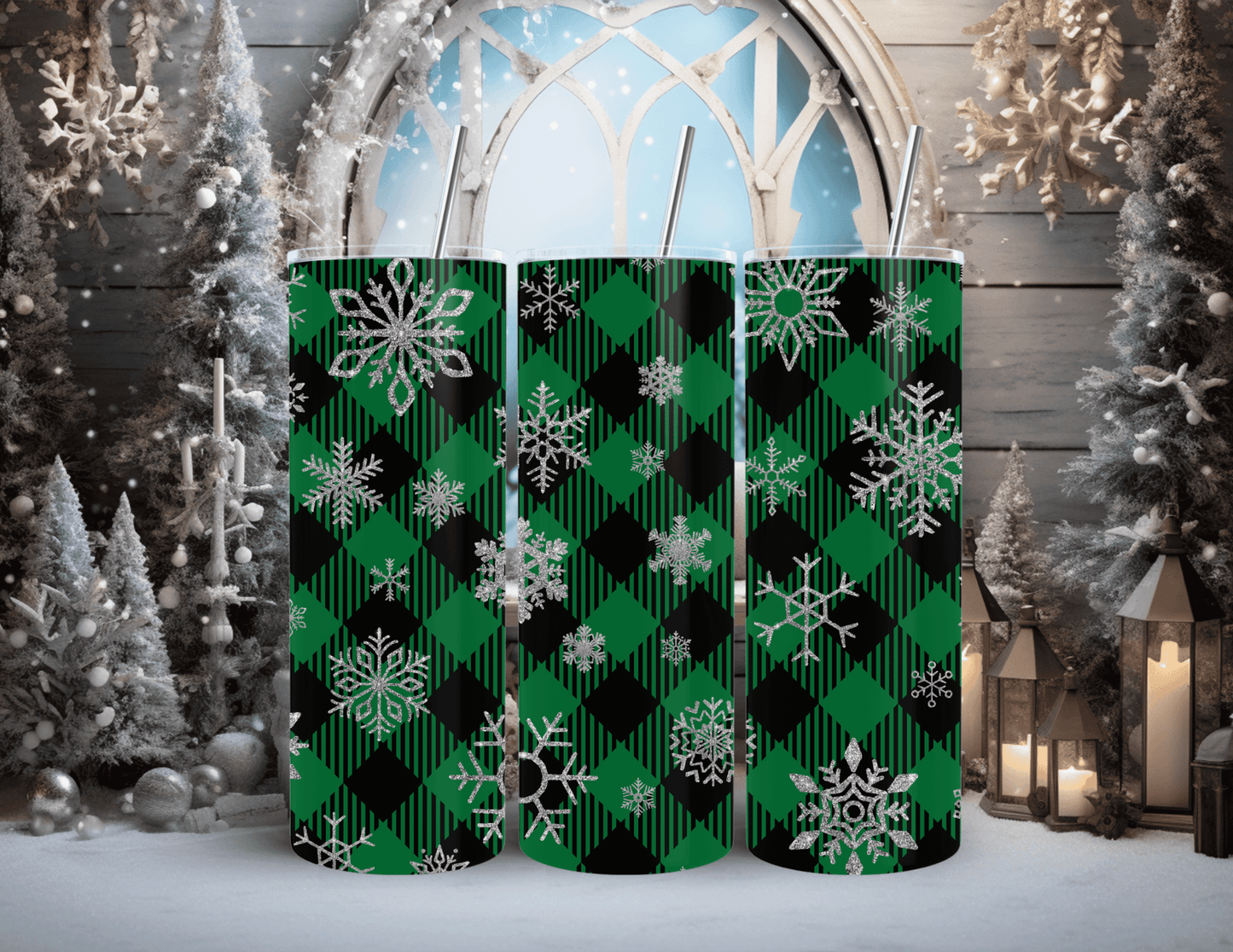 Christmas Green Plaid Snowflake 20 oz Skinny Tumbler