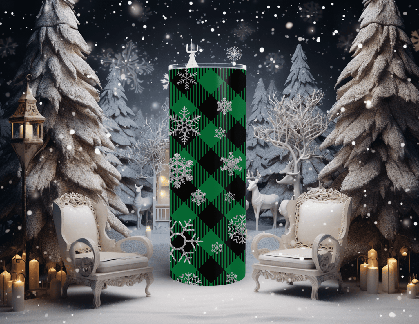 Christmas Green Plaid Snowflake 20 oz Skinny Tumbler