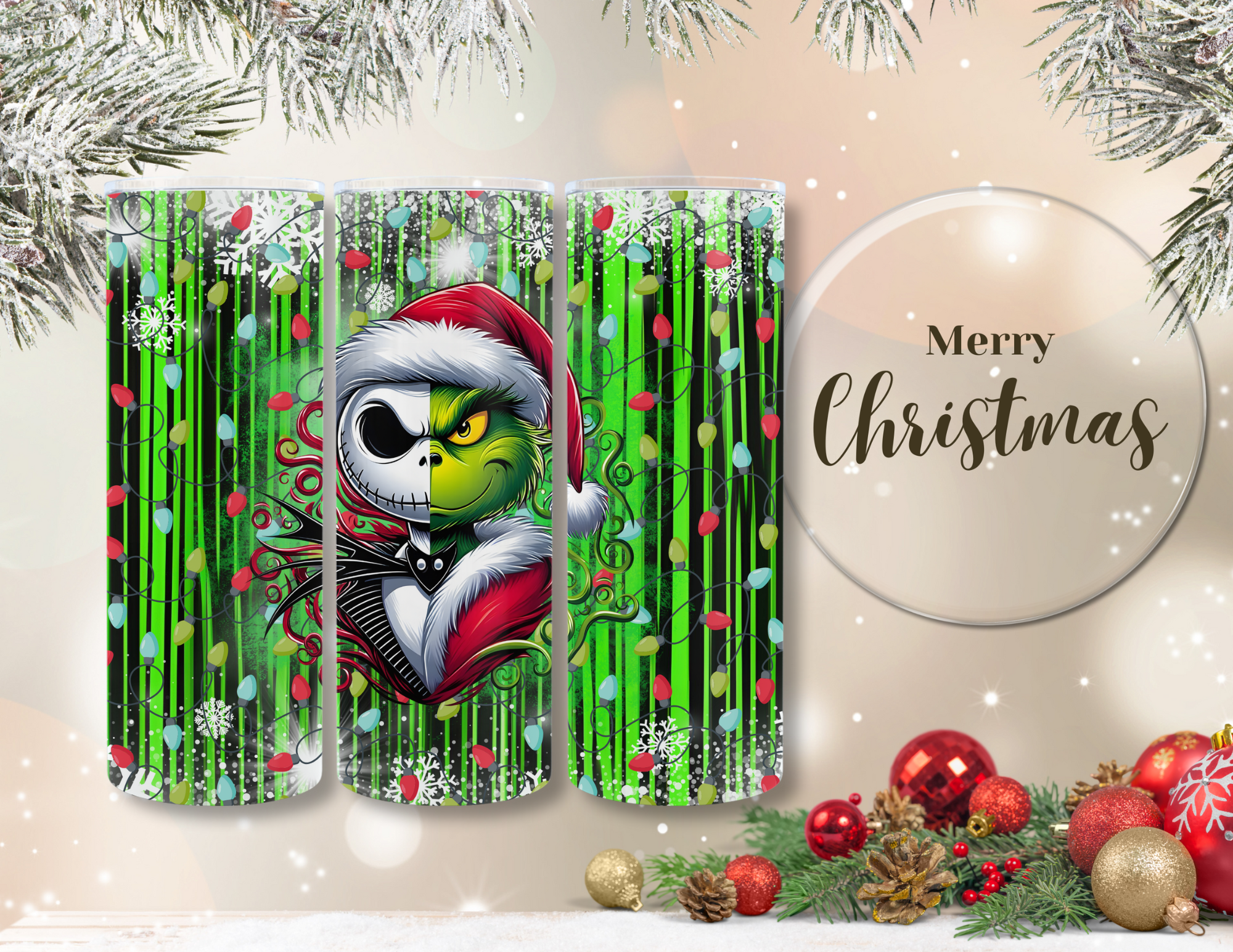 Christmas Grinch Character with Jack Friend 20 oz Skinny Sublimation Tumbler