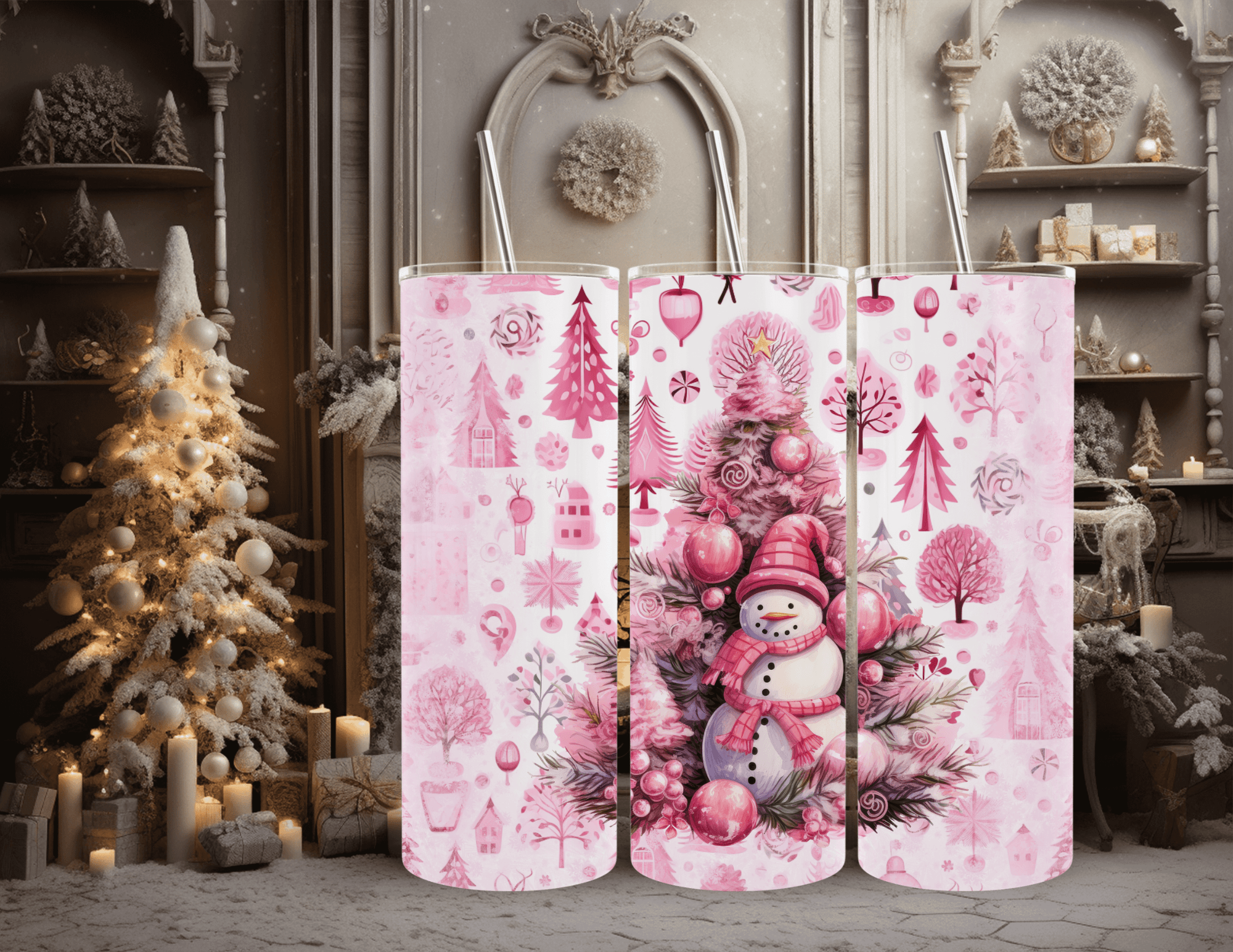 Vaso estrecho de 20 oz con diseño de muñeco de nieve rosa navideño