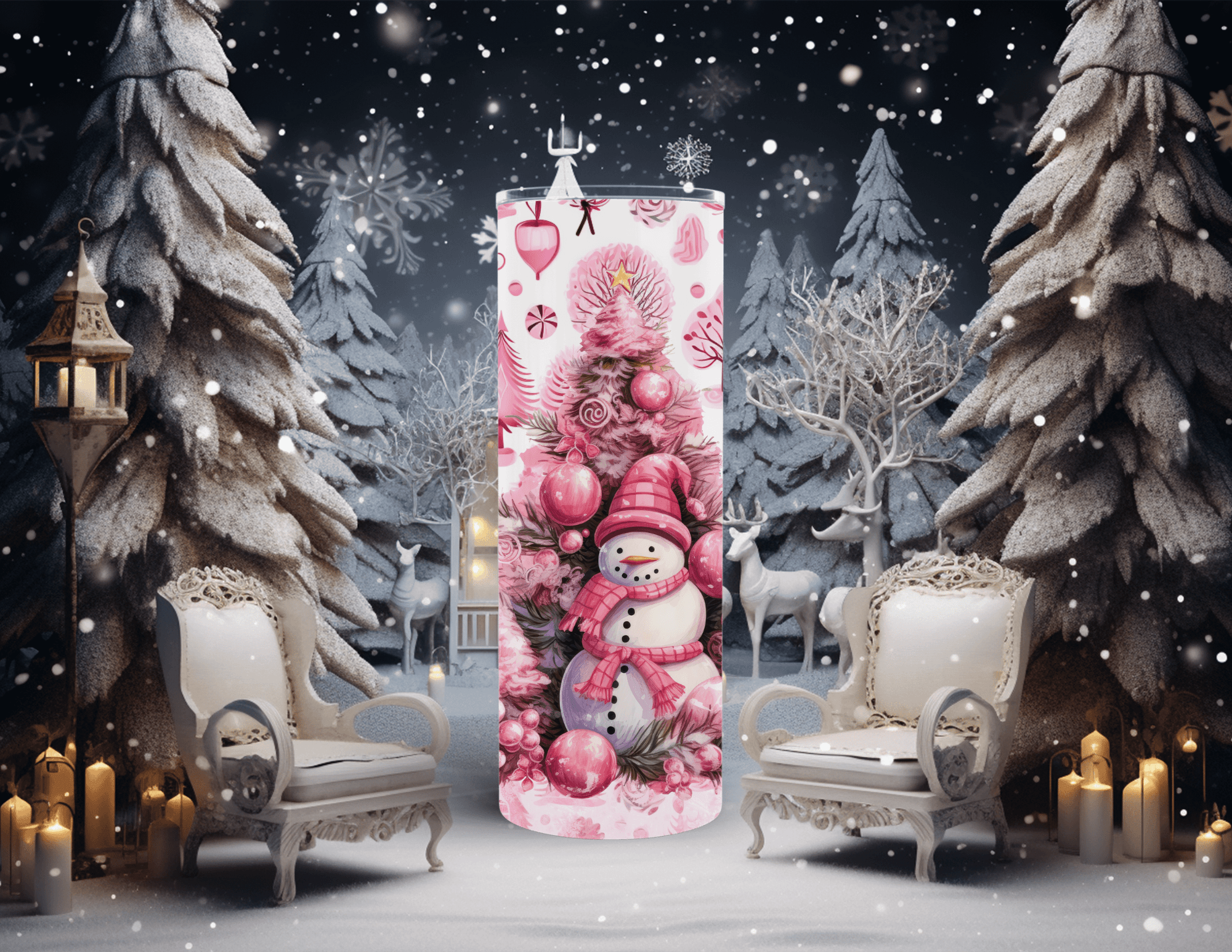 Vaso estrecho de 20 oz con diseño de muñeco de nieve rosa navideño