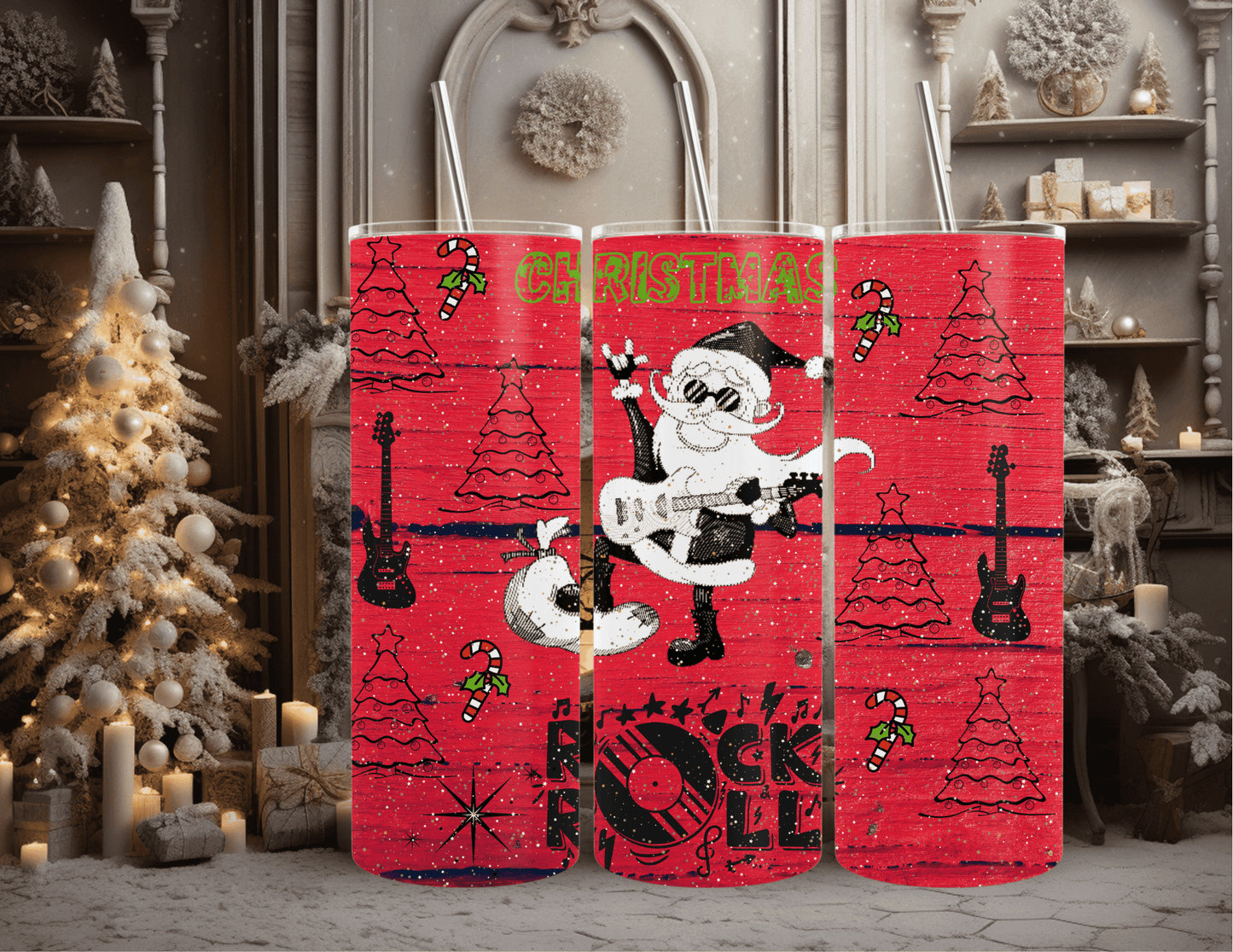 Christmas Rock-n-Roll Santa 20 oz Skinny Tumbler