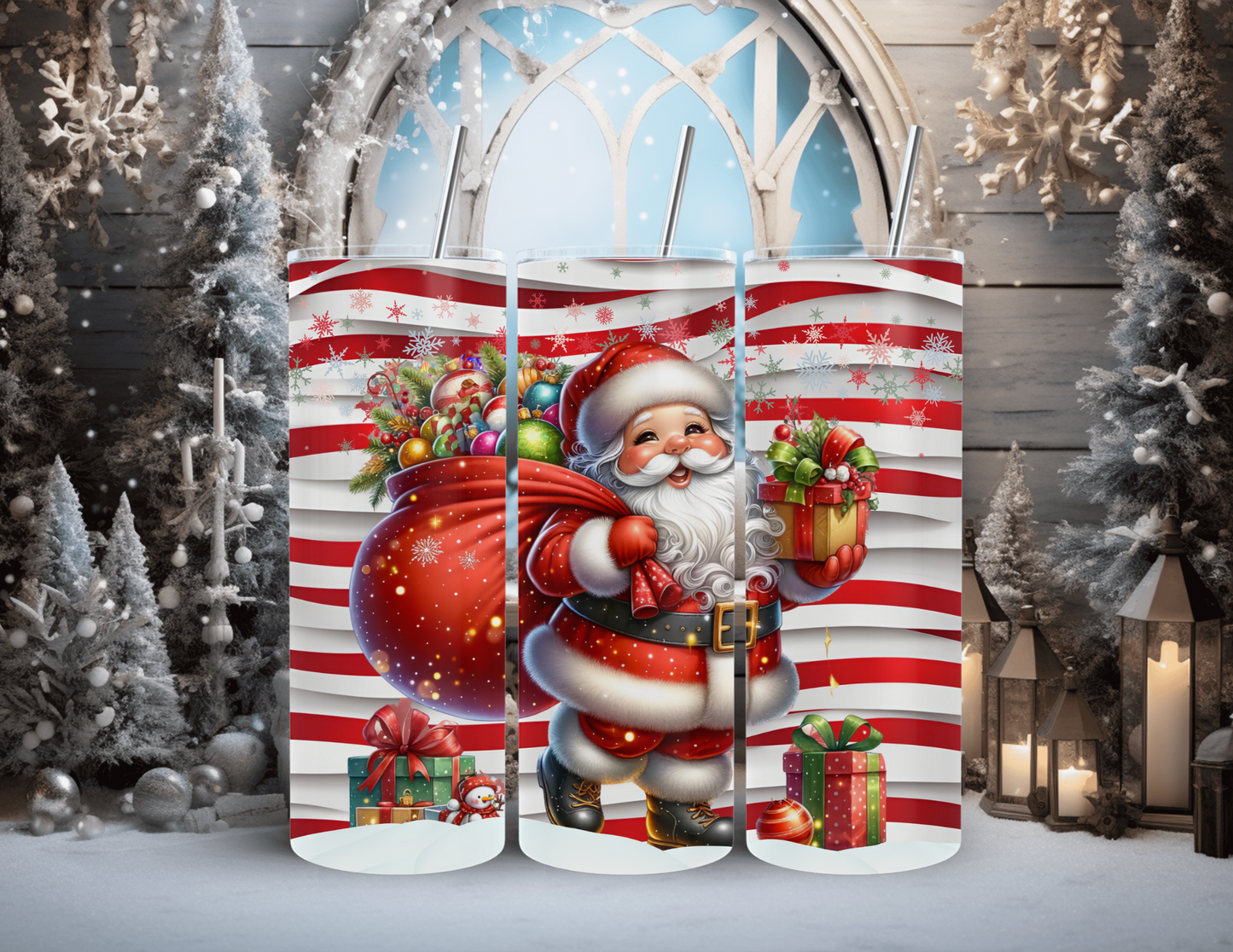 Christmas Santa Red White Stripes 20 oz Skinny Tumbler