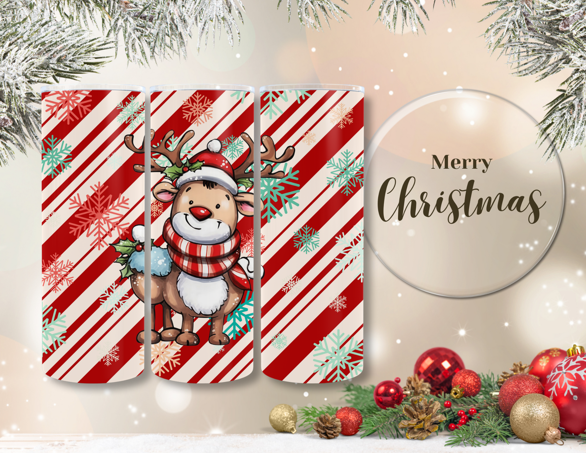 Christmas Stripe Reindeer 20 oz Skinny Sublimation Tumbler