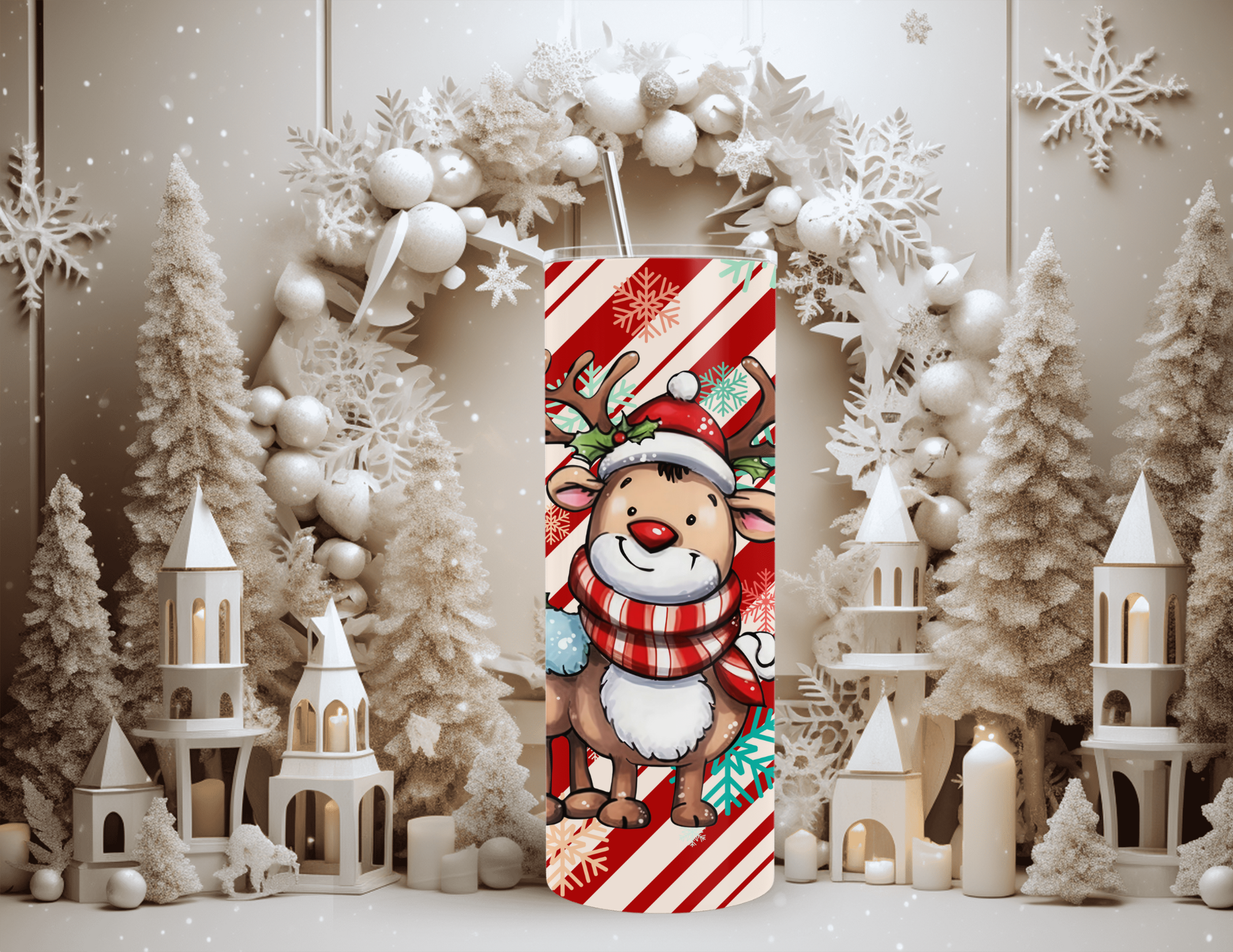 Christmas Stripe Reindeer 20 oz Skinny Sublimation Tumbler