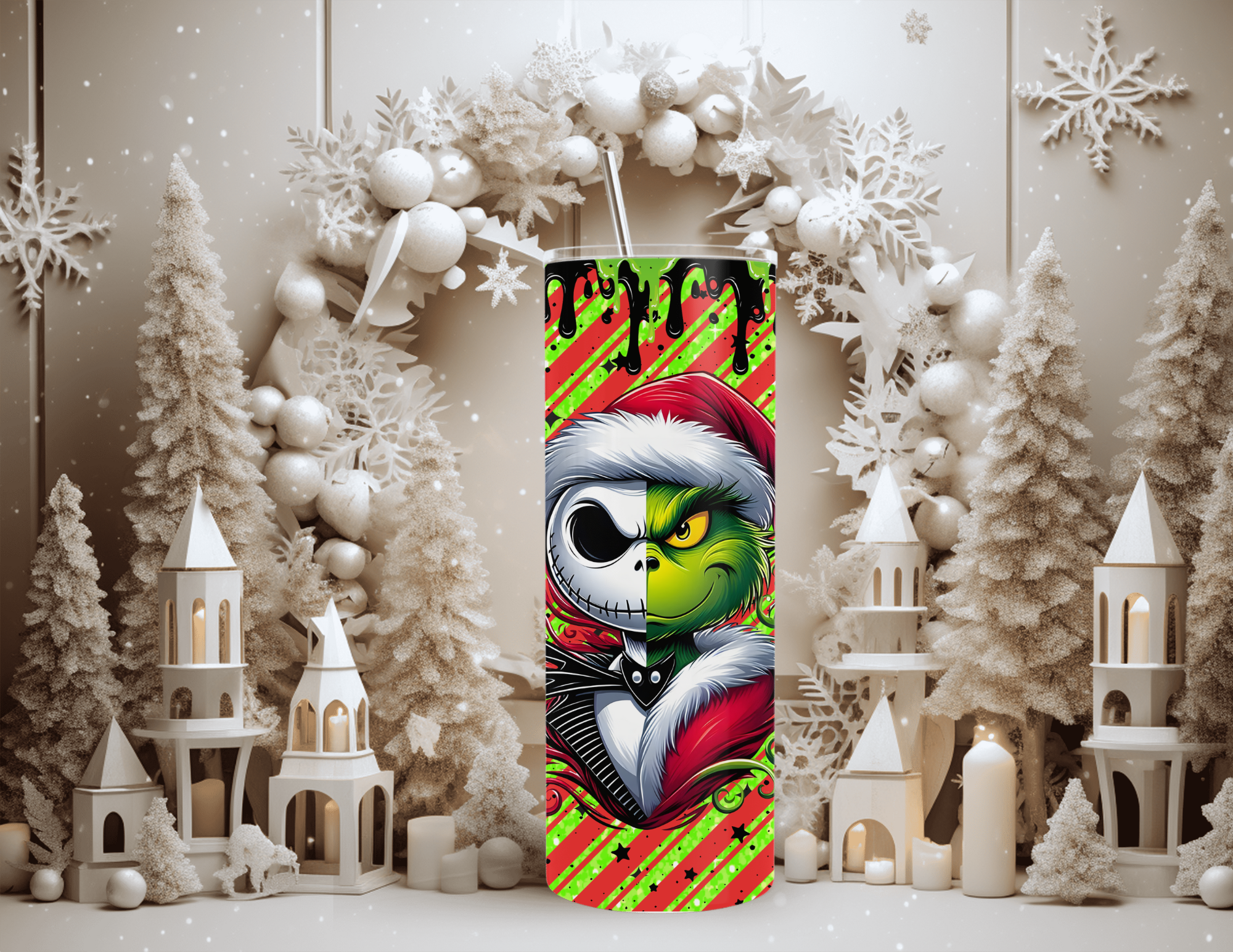 Christmas Cartoon Grinch / Jack Friends Red Stripe 20 oz Skinny Sublimation Tumbler