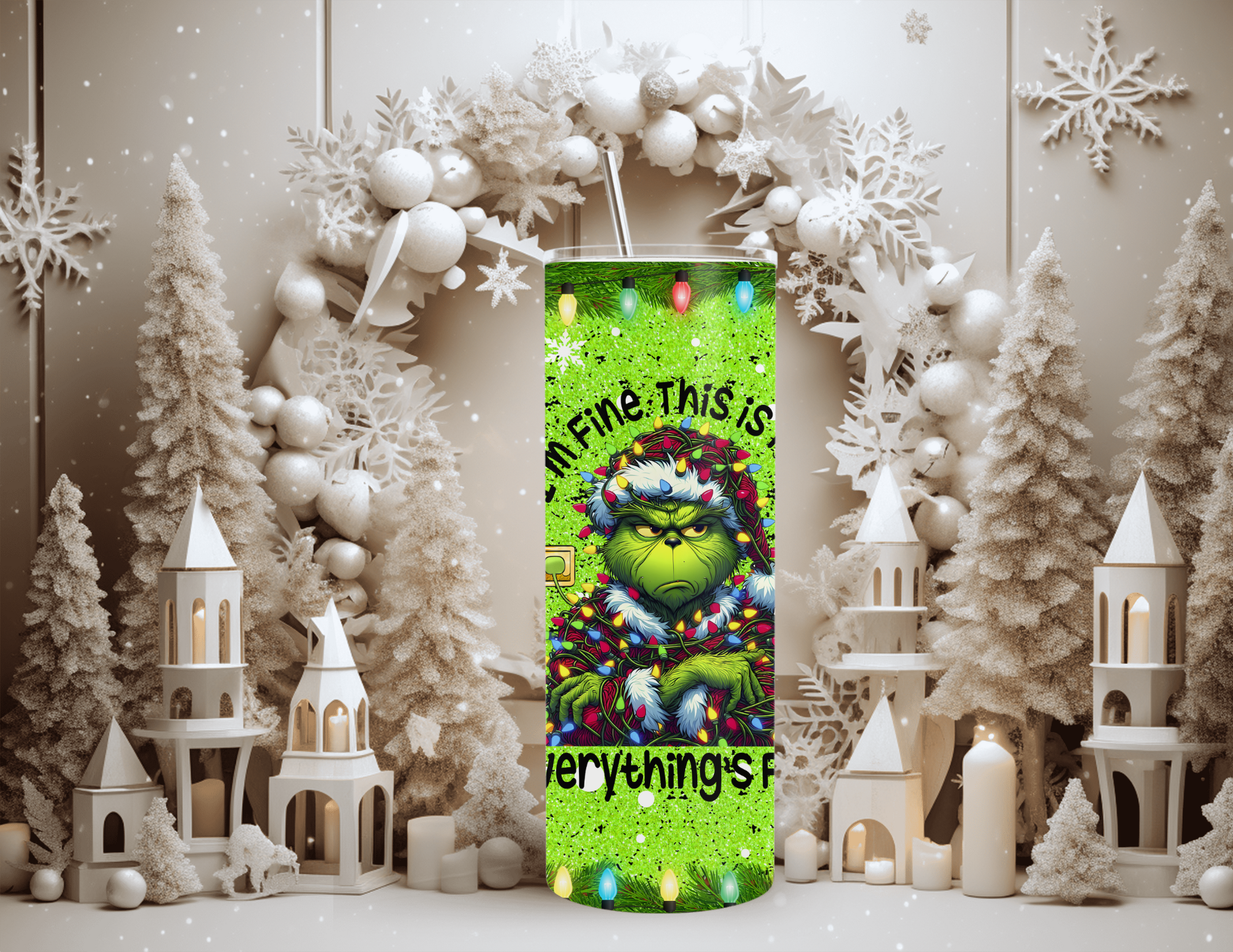 Christmas Cartoon Grinch I'm Fine Tumbler