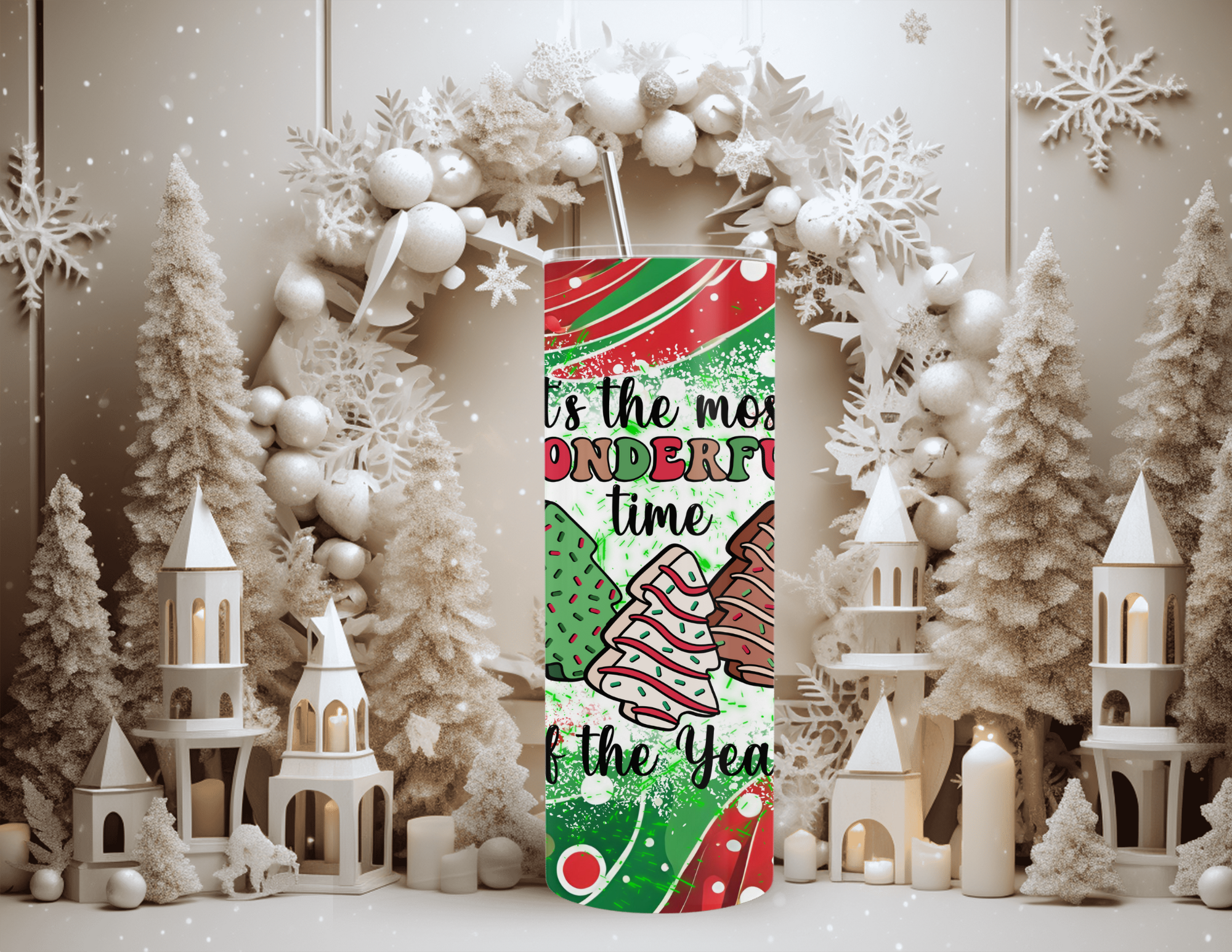 Christmas It's the Most Wonderful Time of the Year Tree Cake 20 oz Skinny Sublimation Tumbler
