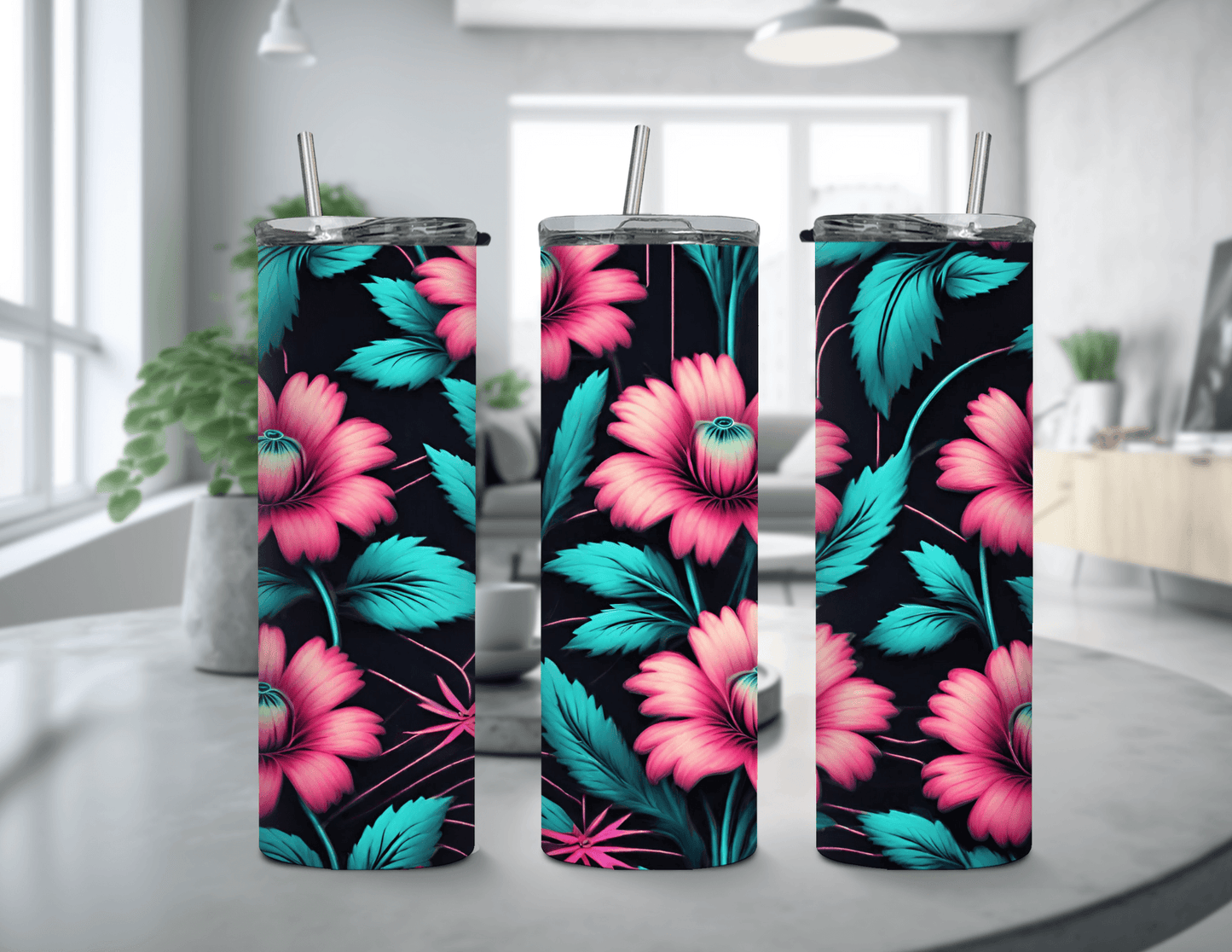 Colorful Flowers Pink Teal 20 oz Skinny Tumbler