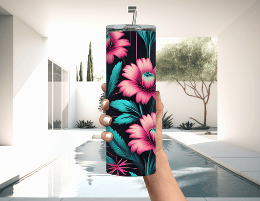 Colorful Flowers Pink Teal 20 oz Skinny Tumbler