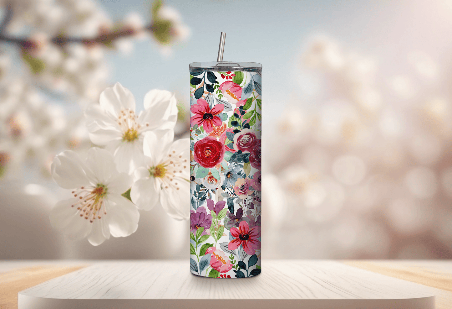 Vaso delgado de 20 oz con diseño de flores primaverales coloridas