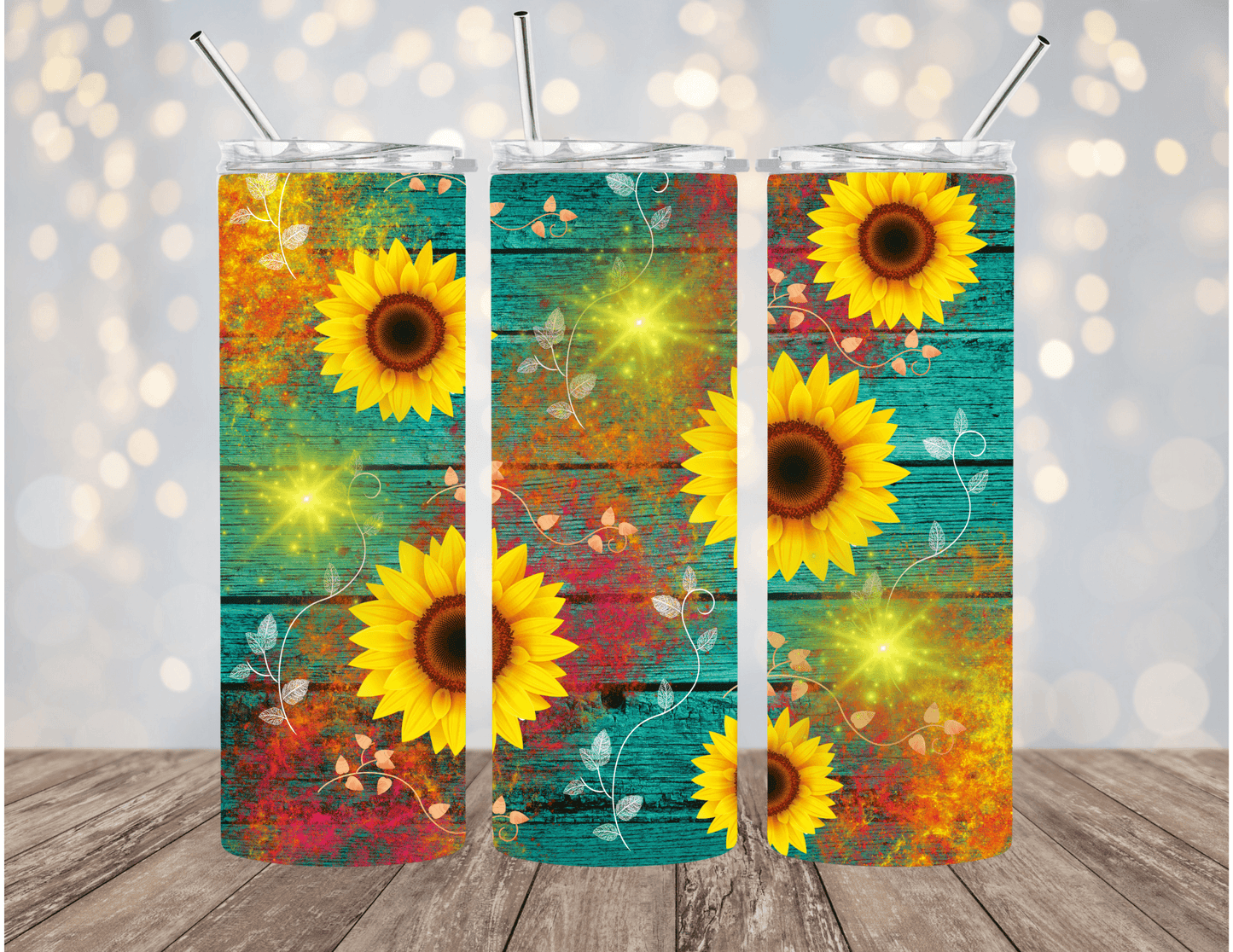 Colorful Sunflower Teal Wood 20 oz Skinny Tumbler