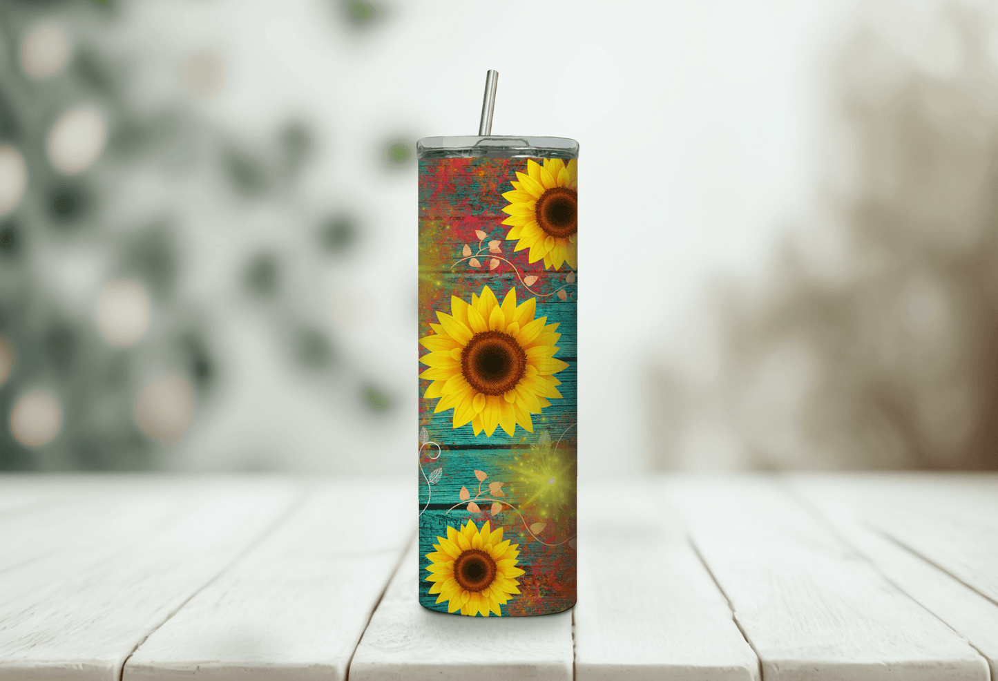 Colorful Sunflower Teal Wood 20 oz Skinny Tumbler