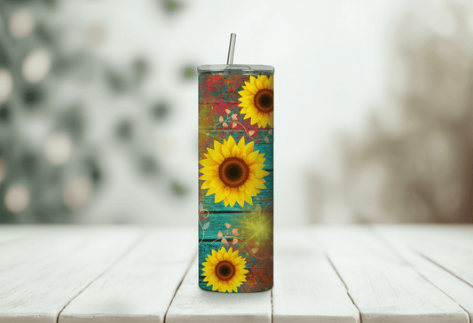 Vaso estrecho de madera de color verde azulado con diseño de girasol de 20 oz