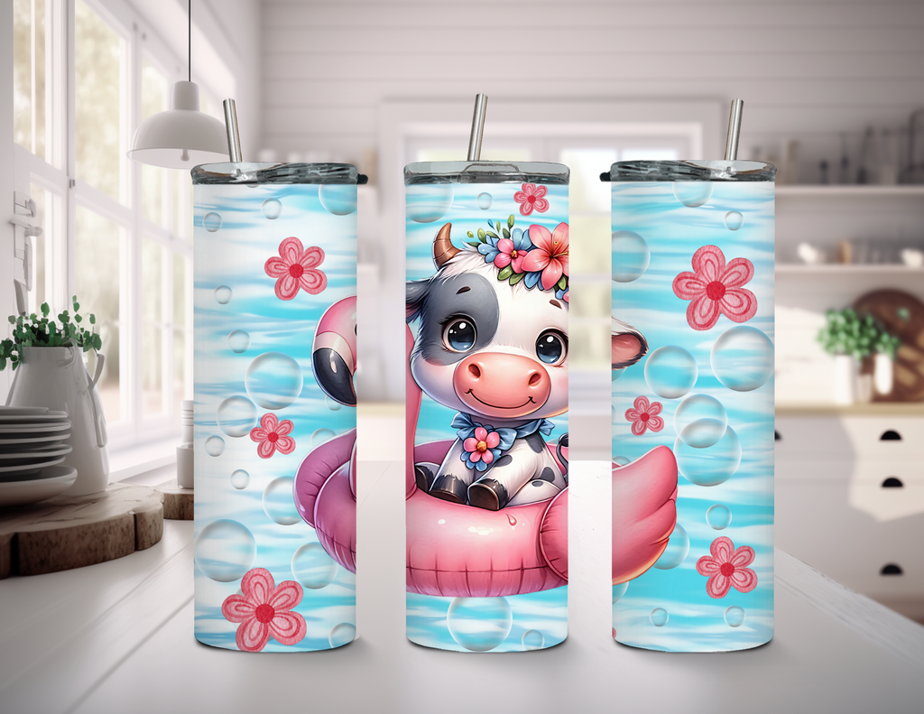 Vaso delgado de 20 oz con diseño de vaca y flamenco