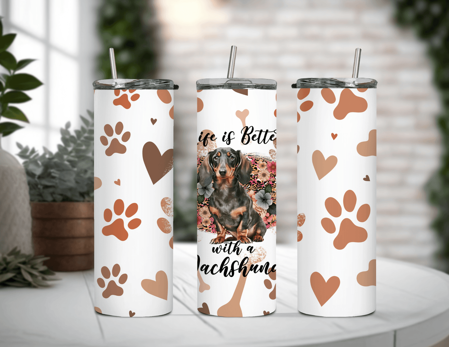 Vaso delgado de 20 oz con la frase "La vida es mejor" de Dachshund