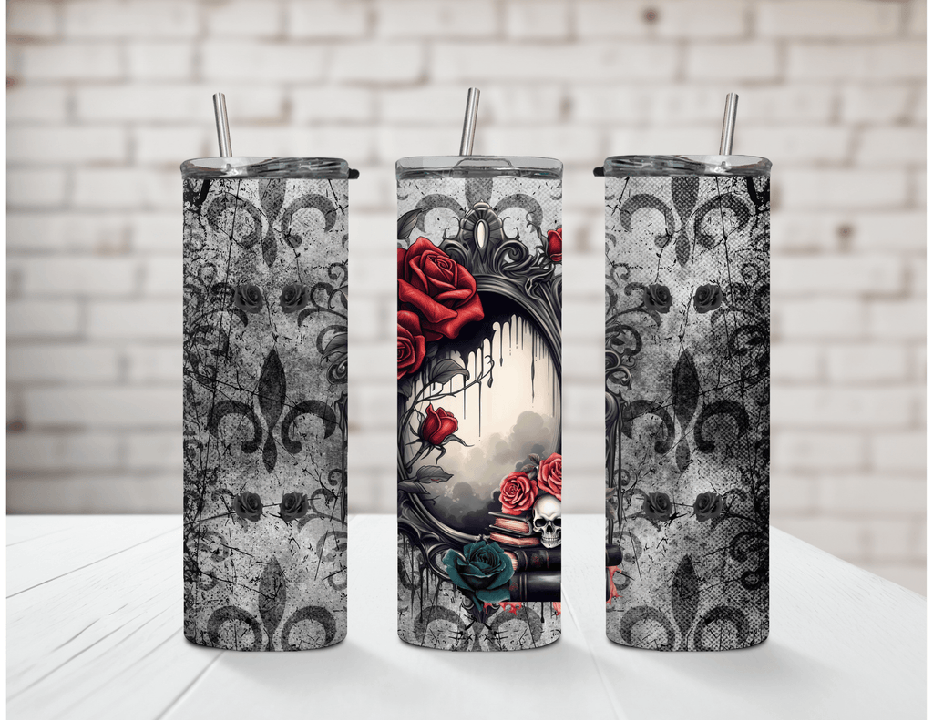 Vaso delgado de 20 oz con diseño de calavera y espejo oscuro