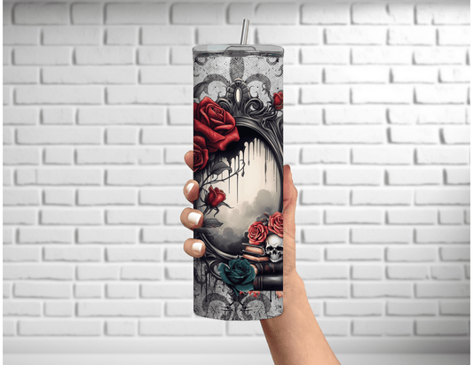 Vaso delgado de 20 oz con diseño de calavera y espejo oscuro