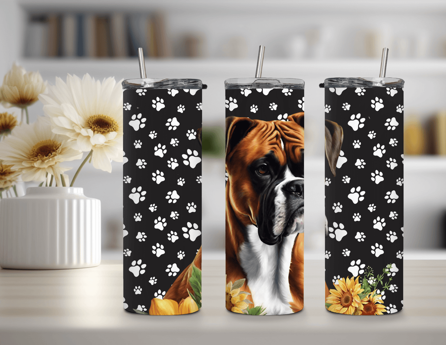 Vaso delgado de 20 oz con diseño de perro boxer y flores