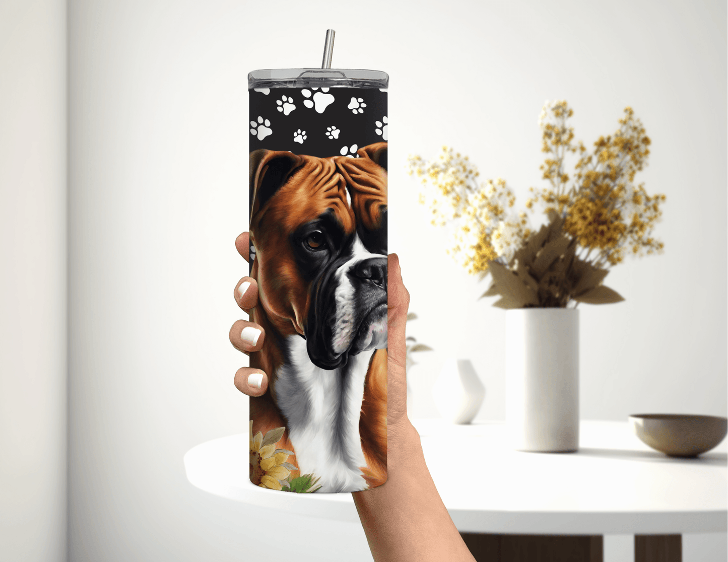 Vaso delgado de 20 oz con diseño de perro boxer y flores