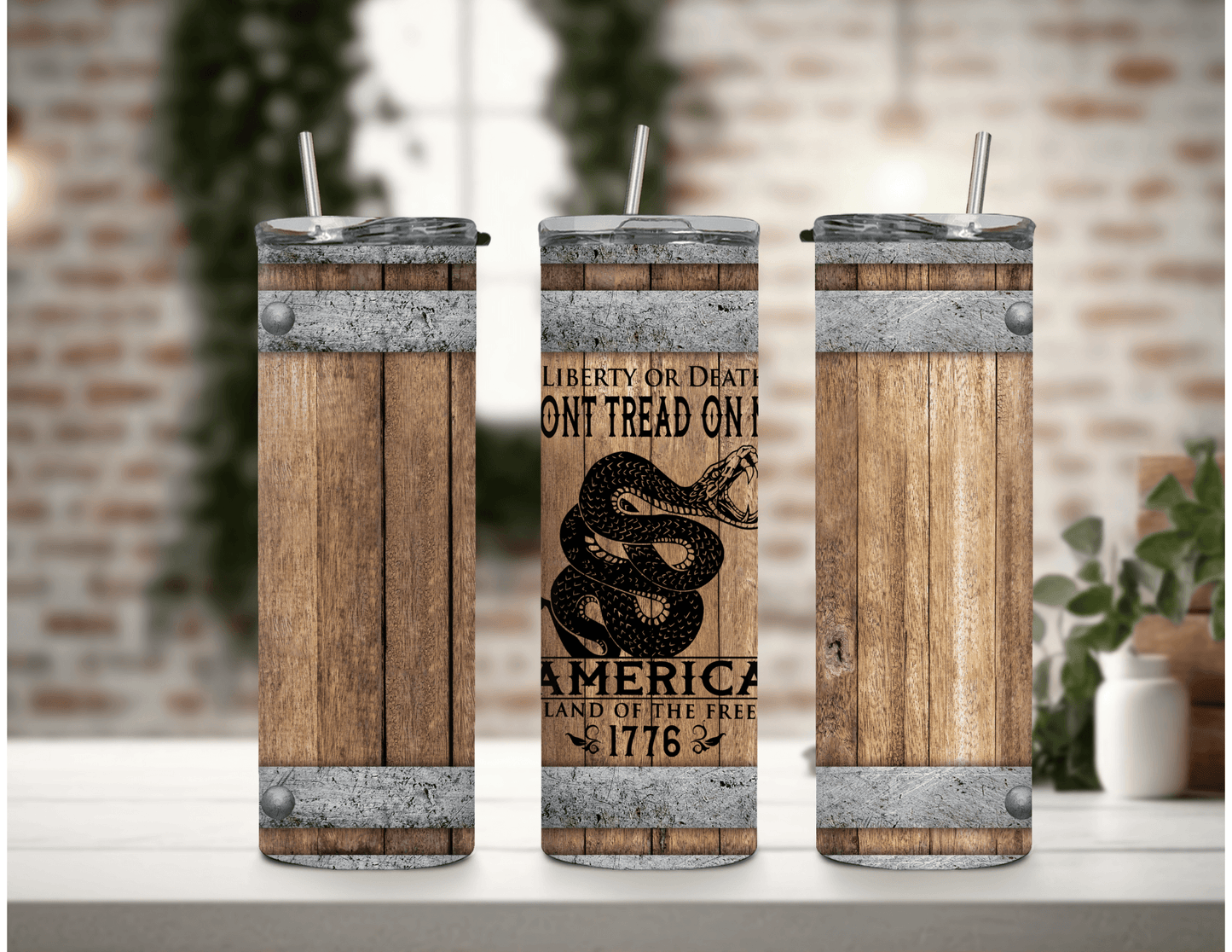 Don't Tread on Me 1776 Wood Barrel 20 oz Skinny Tumbler